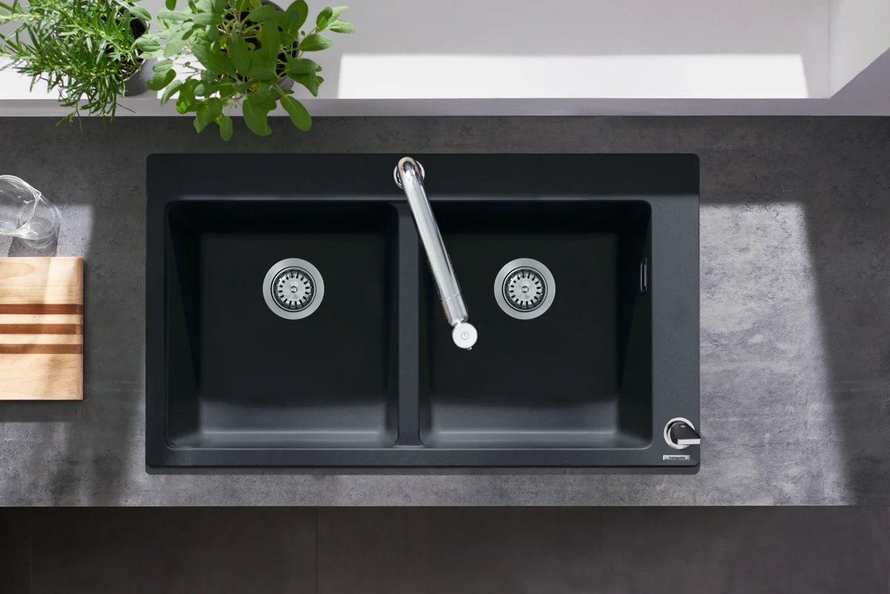 Hansgrohe Einbauspüle S51 Serie, Graphitschwarz, 370x370 mm, 2 Hauptbecken, Aufbau, Beckentiefe 190 mm