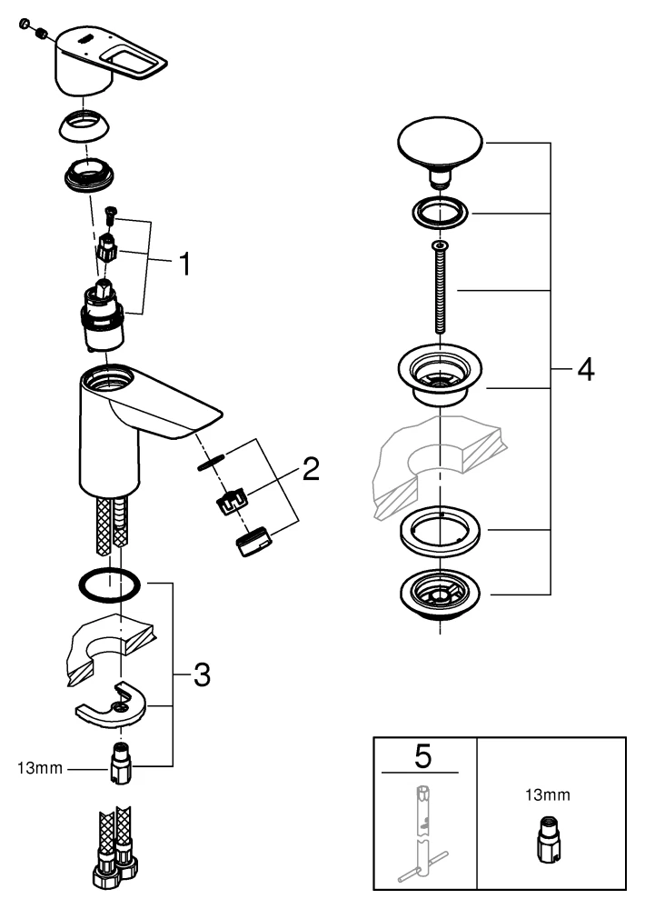 Einhand-Waschtischbatterie BauLoop 23878_1, S-Size, glatter Körper, Einlochmontage, mit Temperaturbegrenzer, EcoJoy Mousseur 5,7 l/min, glatter Körper, Push-open Ablaufgarnitur aus Kunststoff 1 1/4″, chrom