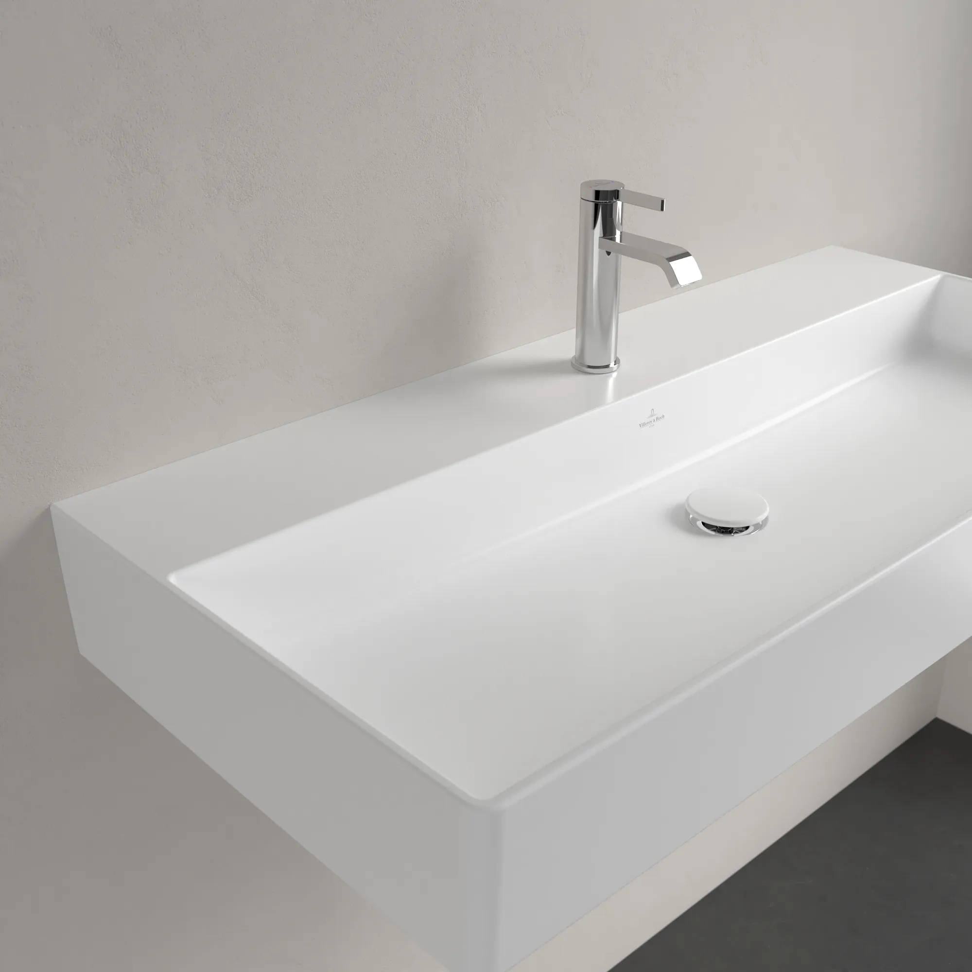 Villeroy & Boch Wandwaschtisch aus TitanCeram „Memento 2.0“ 1000 × 470 × 135 mm, mit Hahnlochbohrung, Hahnlochposition mittig in Stone White