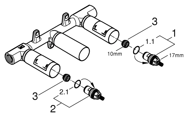 Zweihand-Unterputz-Universal-Einbaukörper 29025_2, für 3-Loch-Waschtischbatterien, mit Dichtmanschette, für normgerechte Wanddurchführung bei Wassereinwirkung nach DIN 18534:2017