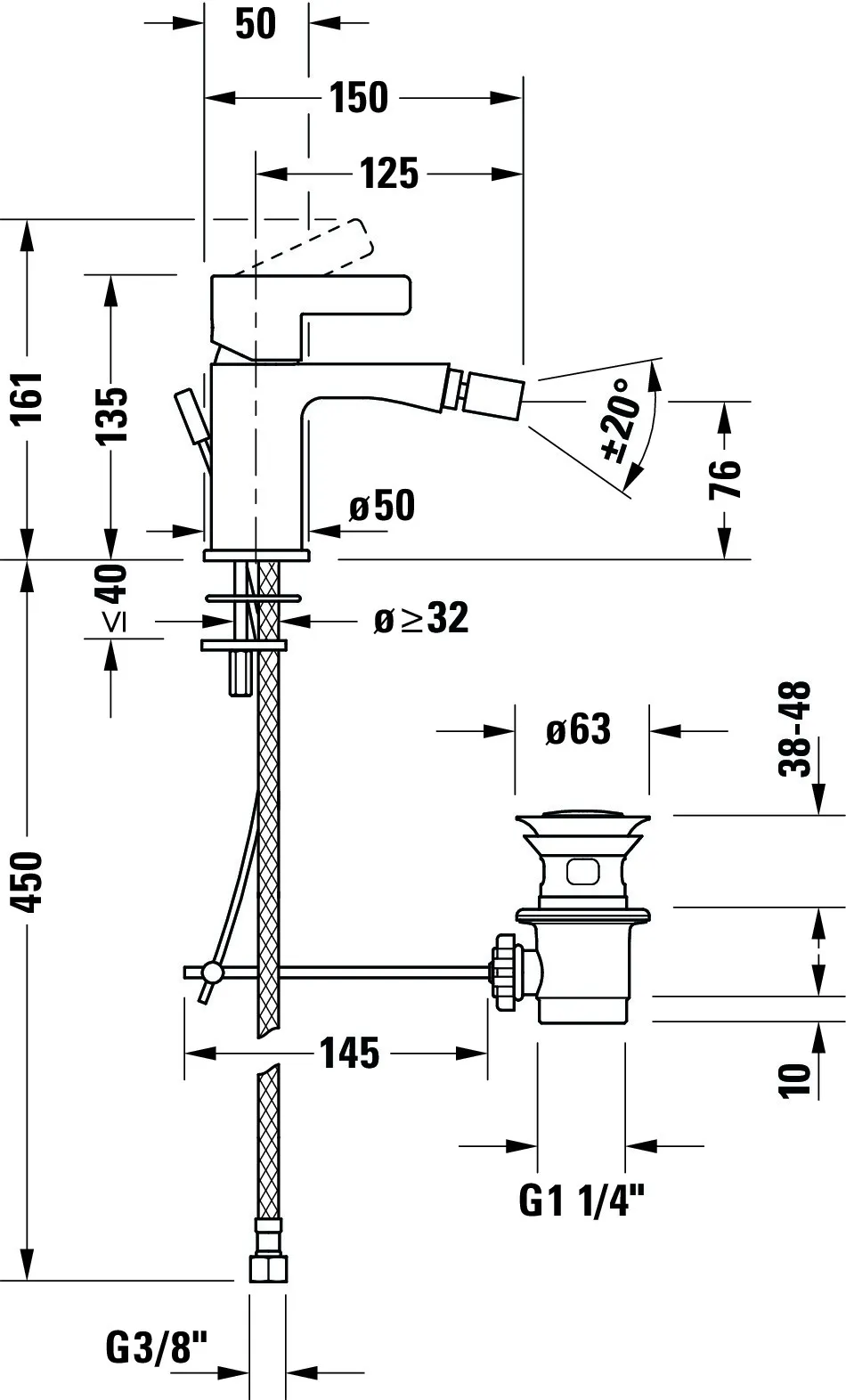 D-Neo Einhebel-Bidetmischer mit Zugstange, Ausladung 125mm D-Neo Einhebel-Bidetmischer mit Zugstange, Ausladung 125mm