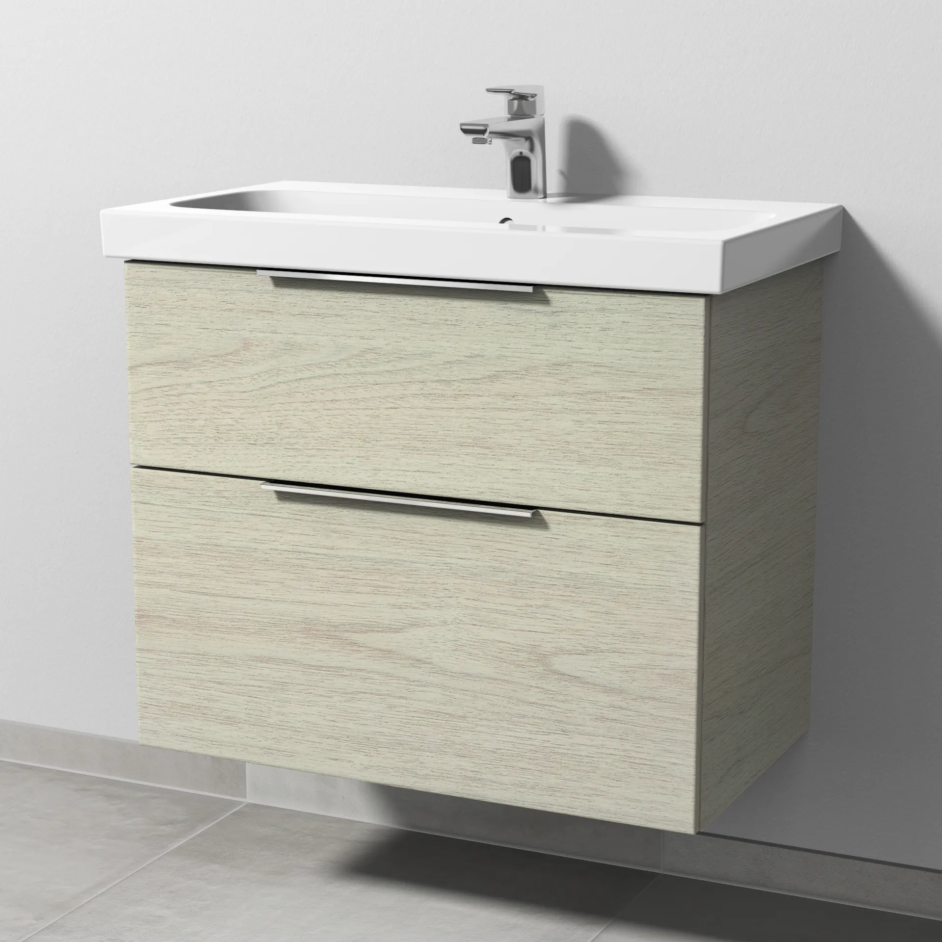 Sanipa Waschtischunterschrank „3way“ passend zu Keramik-Waschtische iCon Light von Geberit 700 × 591 × 407 mm in White Oak, Becken mittig, mit