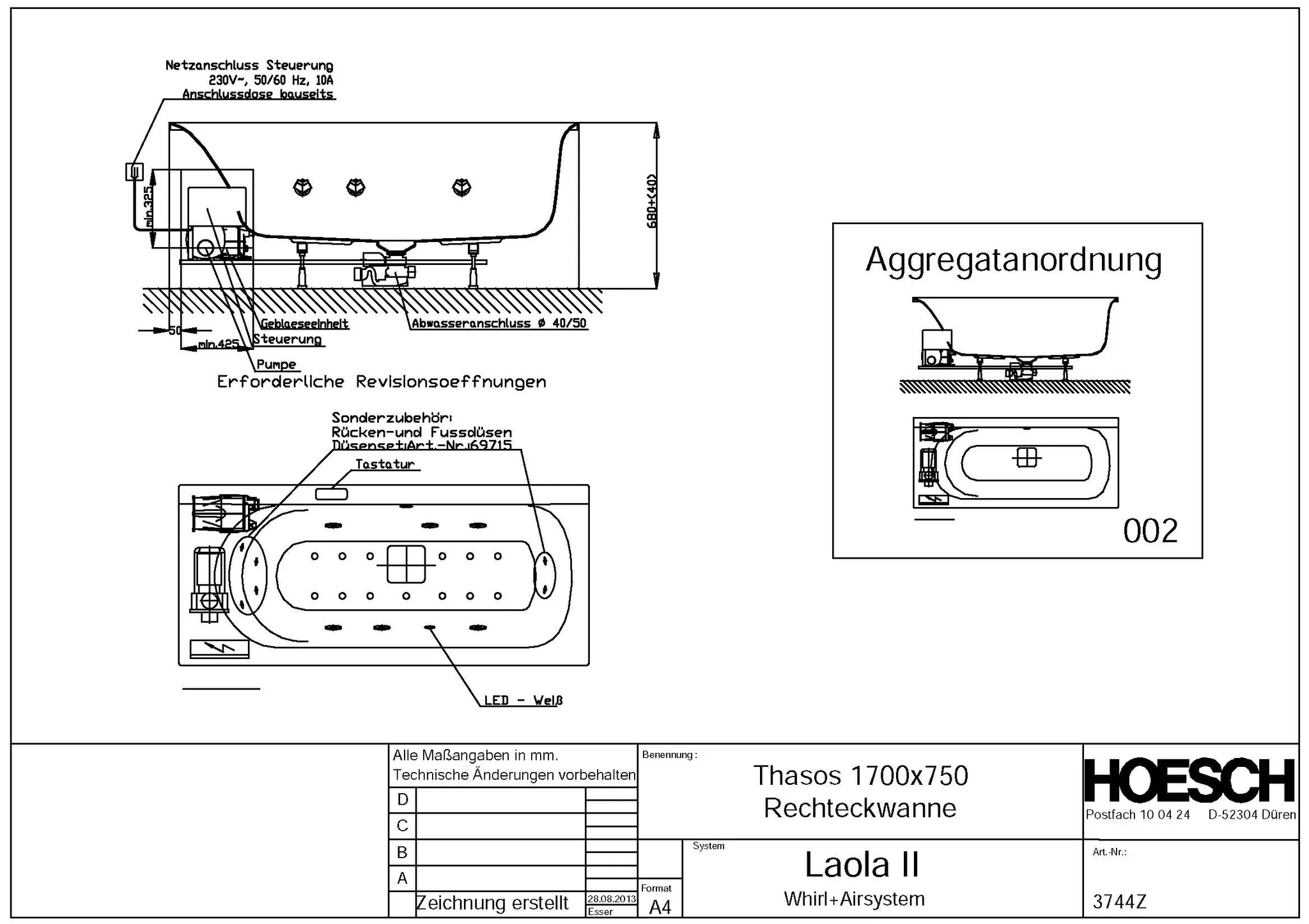 Hoesch Whirlwanne „Thasos“ mit Whirlsystem „Laola II“ rechteck 170 × 75 cm