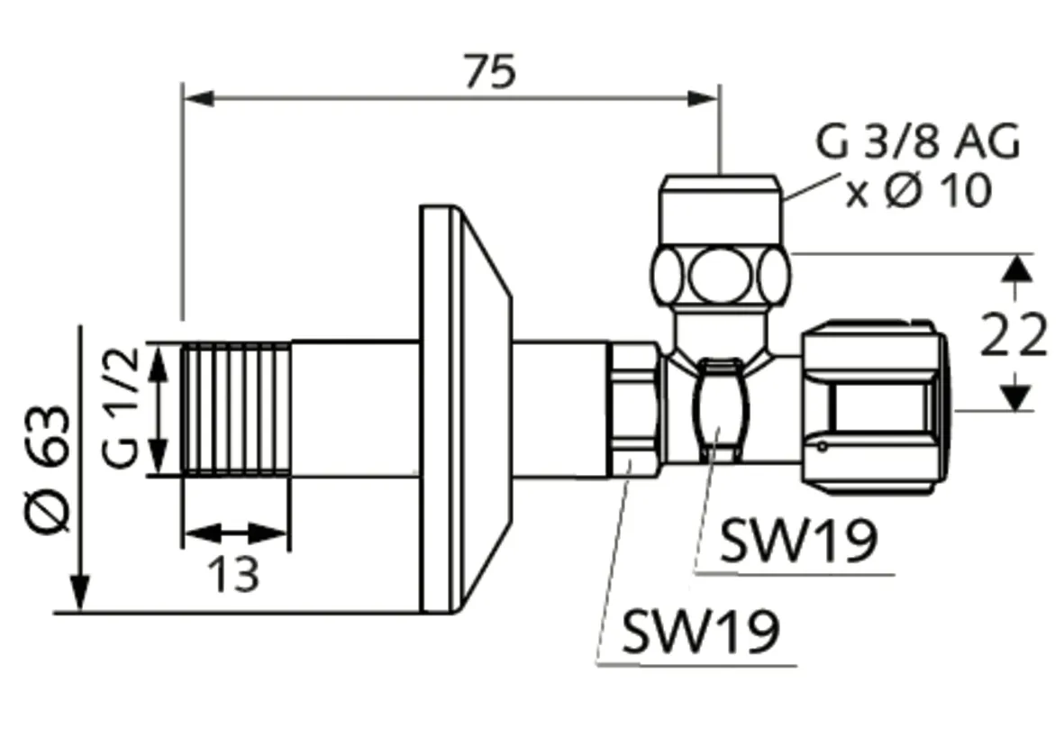 Eckventil mit Regulierfunktion COMFORT, COMFORT-Griff, Schubrosette Ø 63 mm, DN 15 G 1/2 AG, Ø 10 mm (DN 10 G 3/8 AG), chrom