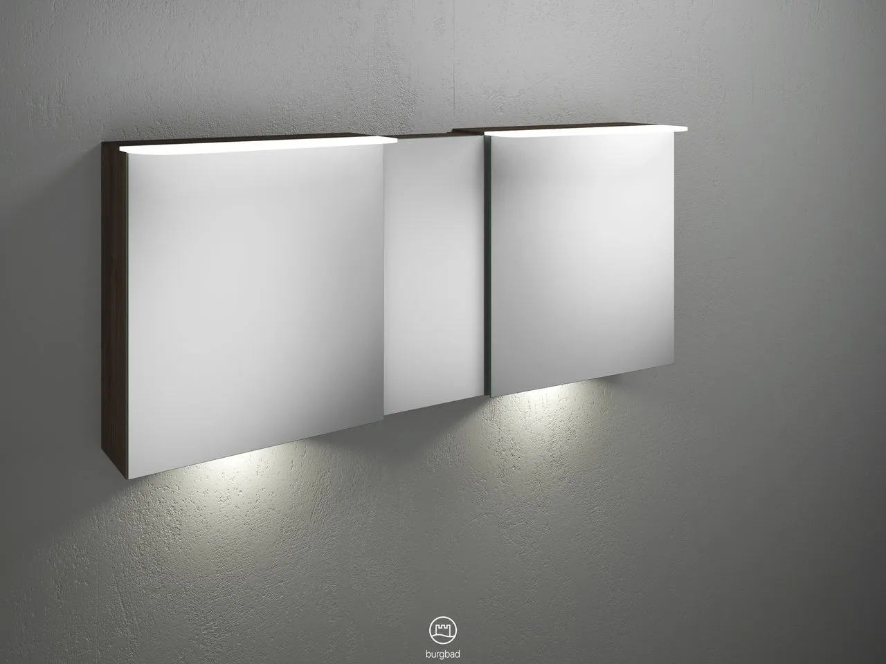 Badu Spiegelschrank SFUF150 von burgbad - 310 mm tief, 1.500 mm breit, 665 mm hoch mit 3 beidseitig verspiegelten Spiegeln und LED-Beleuchtung Badu Spiegelschrank SFUF150 von burgbad - 310 mm tief, 1.500 mm breit, 665 mm hoch mit 3 beidseitig verspiegelten Spiegeln und LED-Beleuchtung