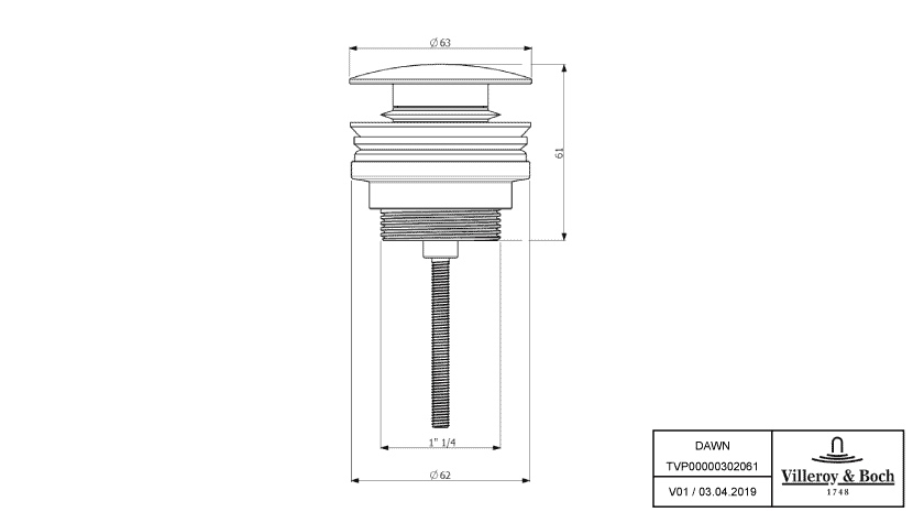 Villeroy & Boch Ablaufgarnitur Modell TVP00000302064 ⌀ 61 mm, ohne Überlauf 