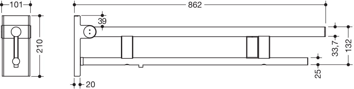 Stützklappgriff Duo, Design A des Systems 900, Edelstahl, PVD, Ausladung 850 mm, mit Spülauslösung (E-Ausführung), Ausführung rechts, in Farbe CK (messing glänzend)