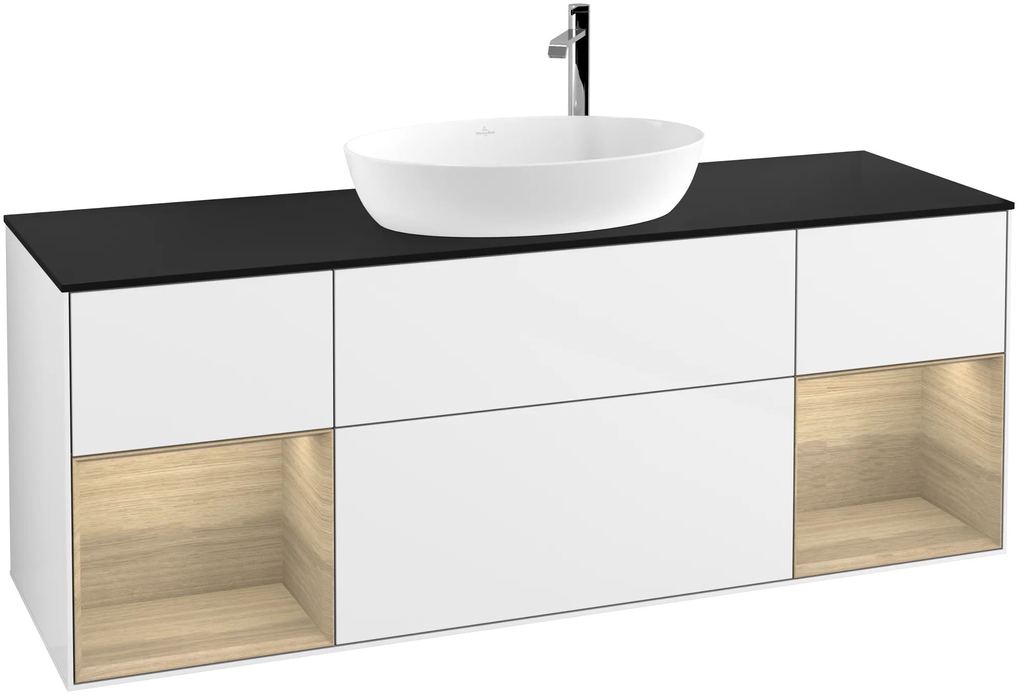 Villeroy & Boch Finion Waschbeckenunterschrank G98 1600x603x501mm Glossy White Lacquer / Oak Veneer / Glass Black Matt