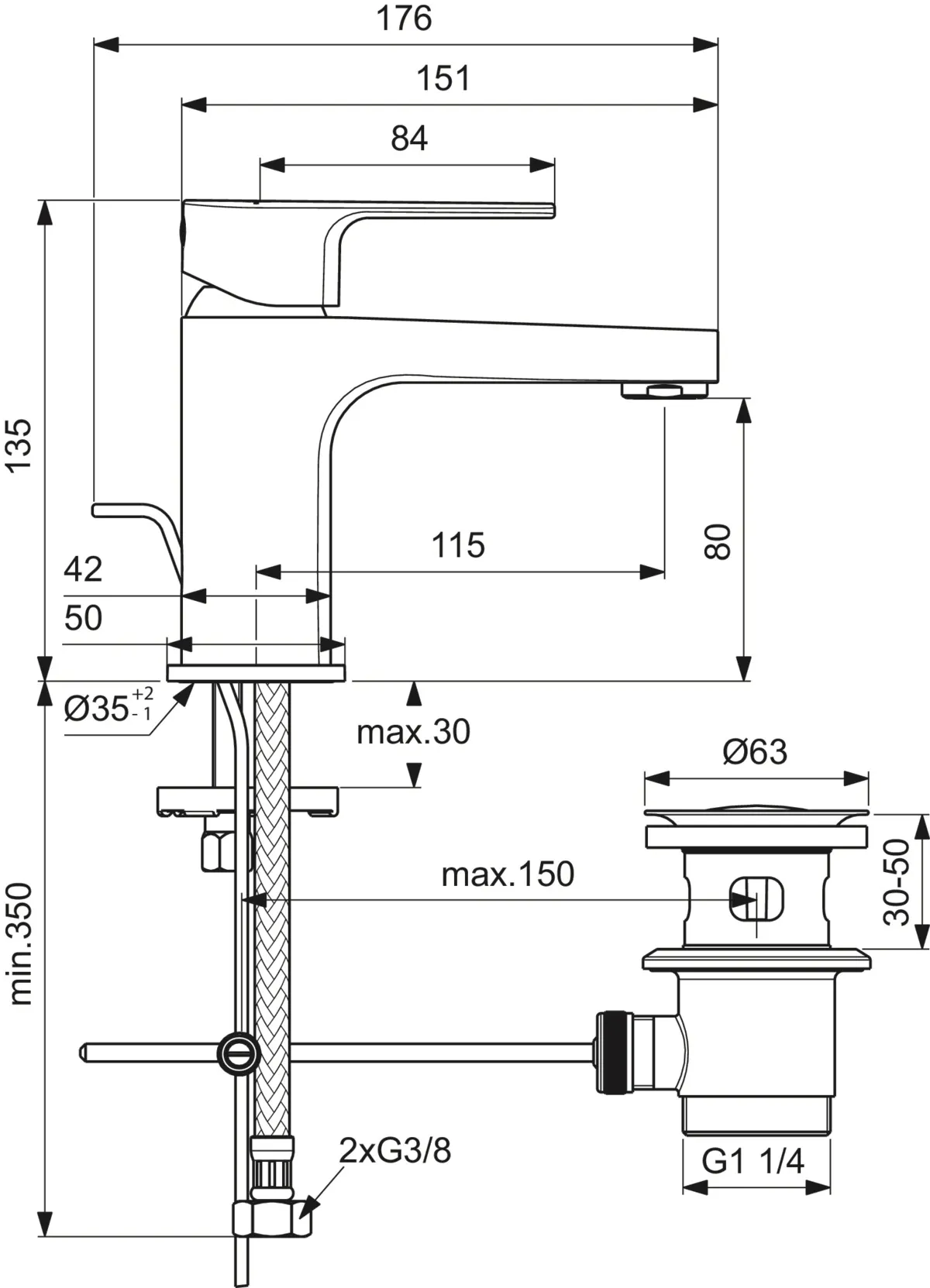 Waschtischarmatur Cerafine D, H80, mit Ablaufgarnitur, Ausladung 115mm, Chrom Waschtischarmatur Cerafine D, H80, mit Ablaufgarnitur, Ausladung 115mm, Chrom