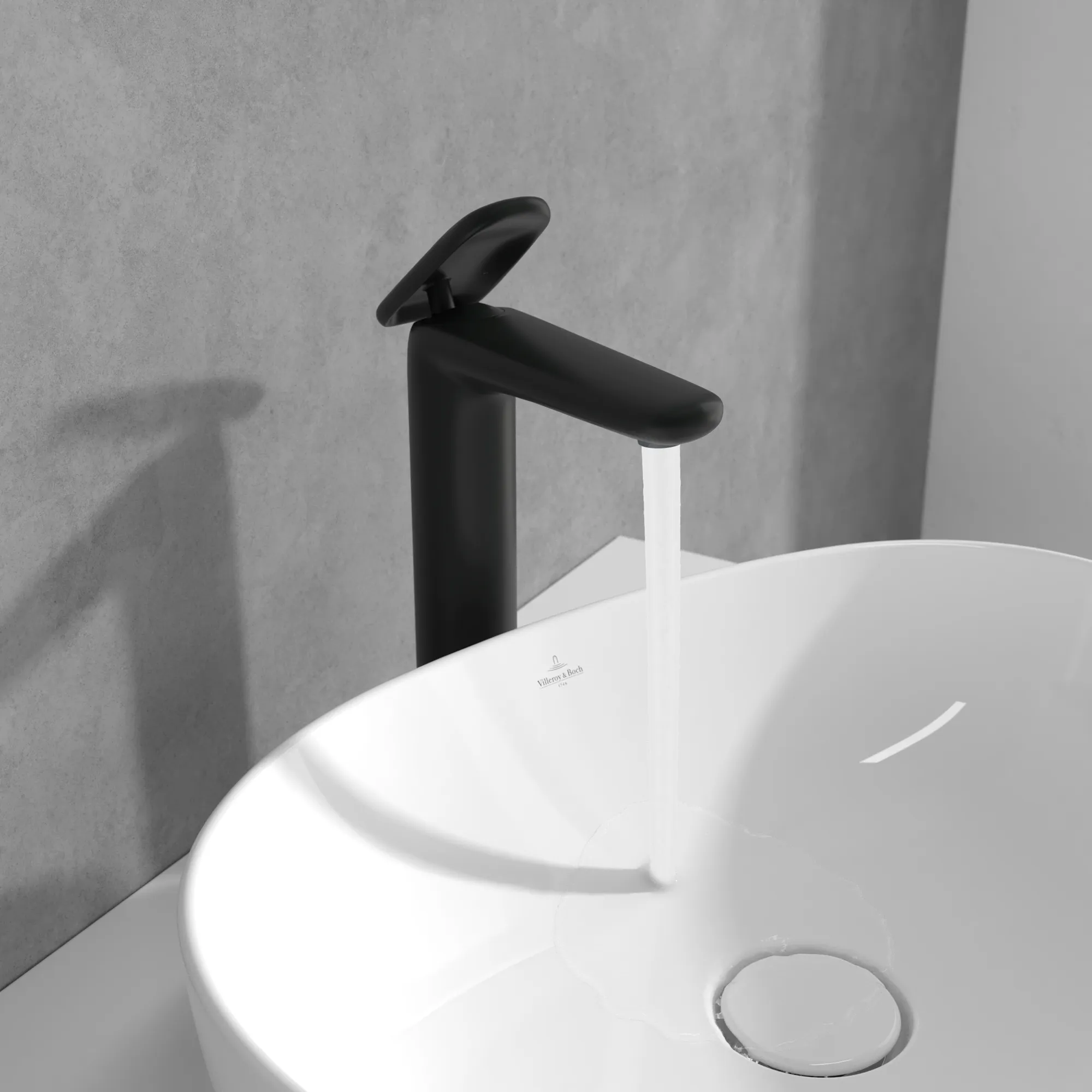 Villeroy & Boch Antao Einhebel-Waschtischarmatur erhöhter Standmontage, rund, Matt Black, 49,75 x 184 x 286 mm, mit Push-Open-Ablaufgarnitur und AirPlus-Technologie