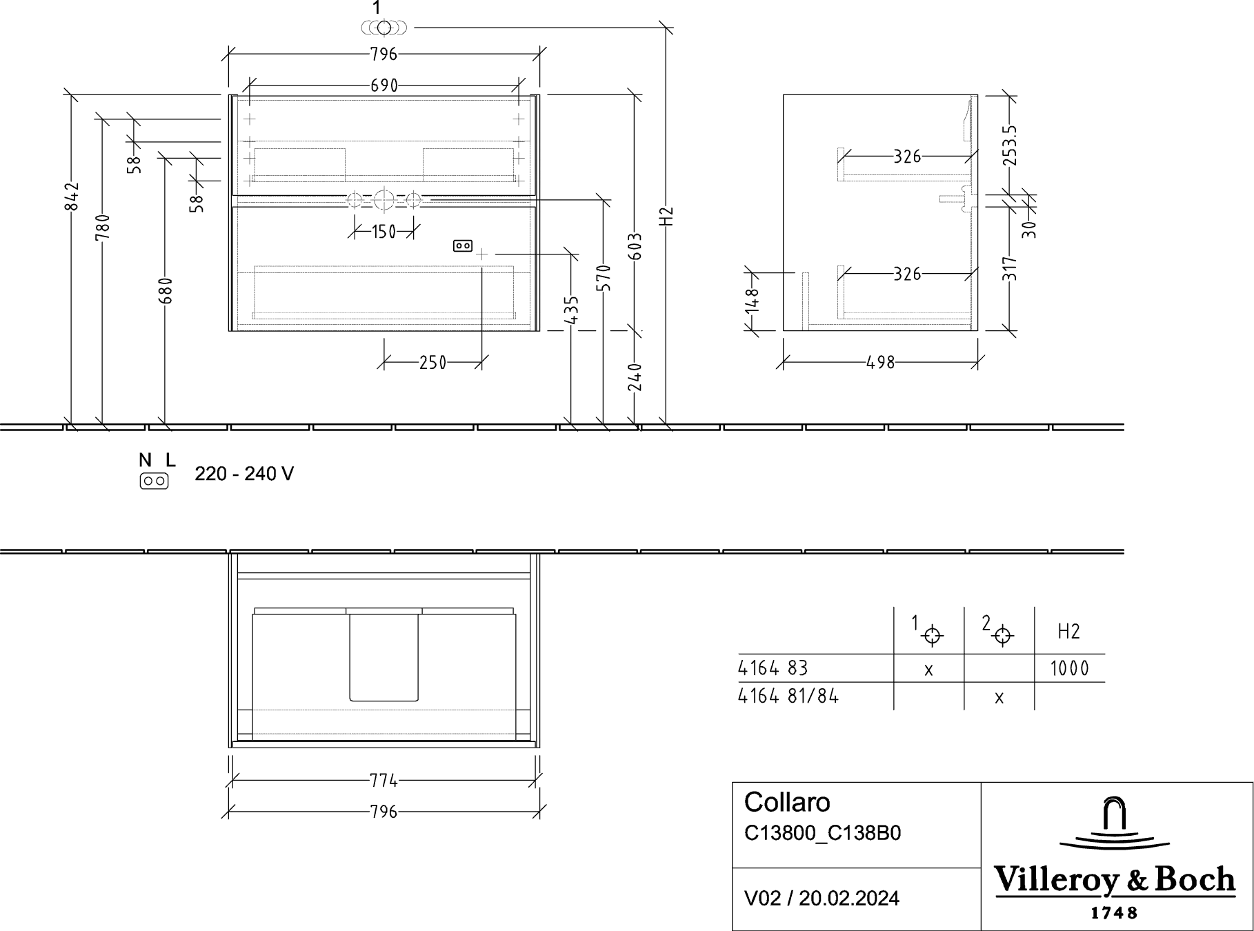 Villeroy & Boch Waschbeckenunterschrank Collaro, eckig, White Oak, 796 x 603 x 498 mm, 2 Auszüge mit SoftClosing, 2 Waschbecken
