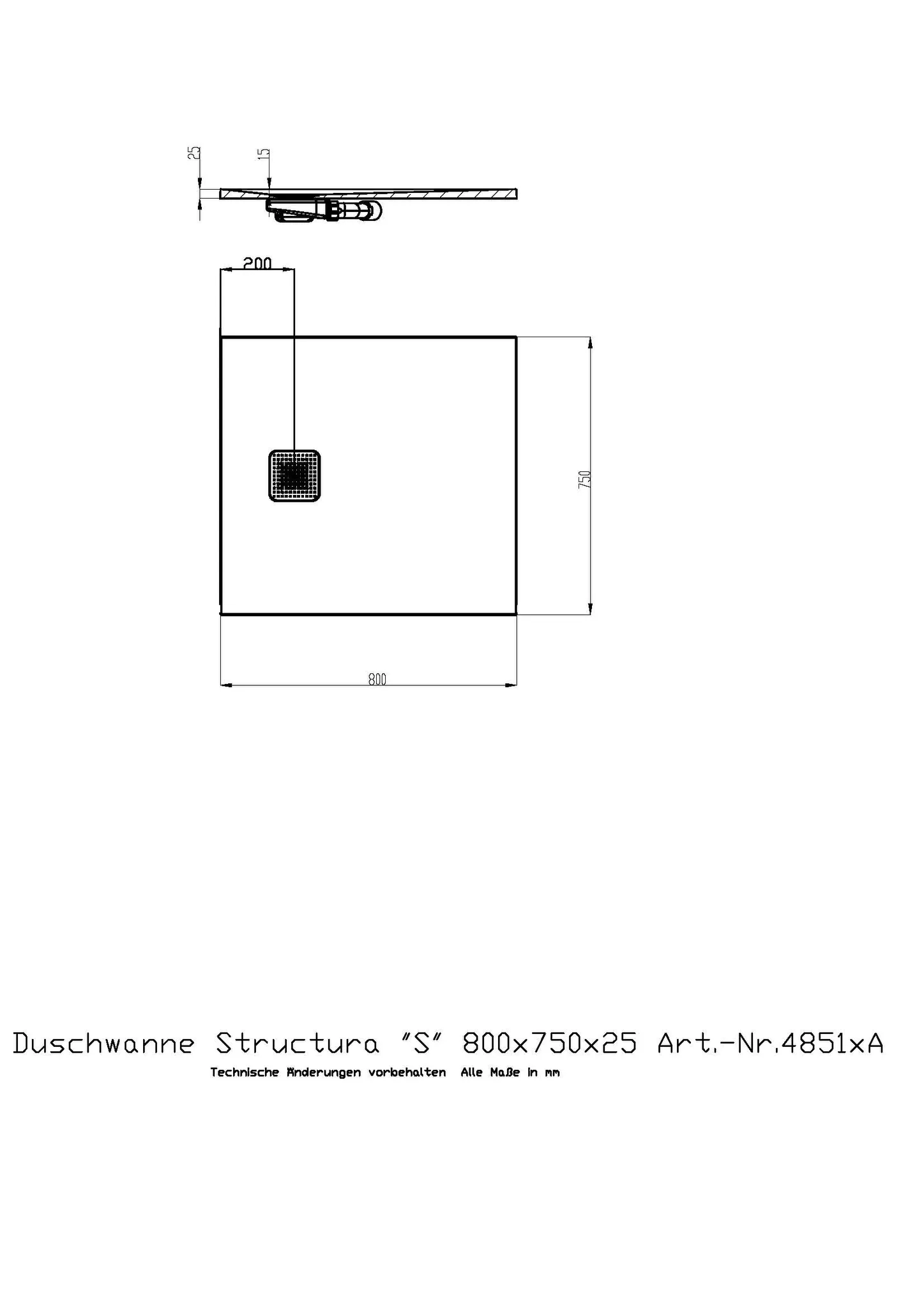 Duschwanne Structura ″S″ 800x750x25 in gesoftete Schieferoptik, mit Antirutsch B, Material Solique, Weiß