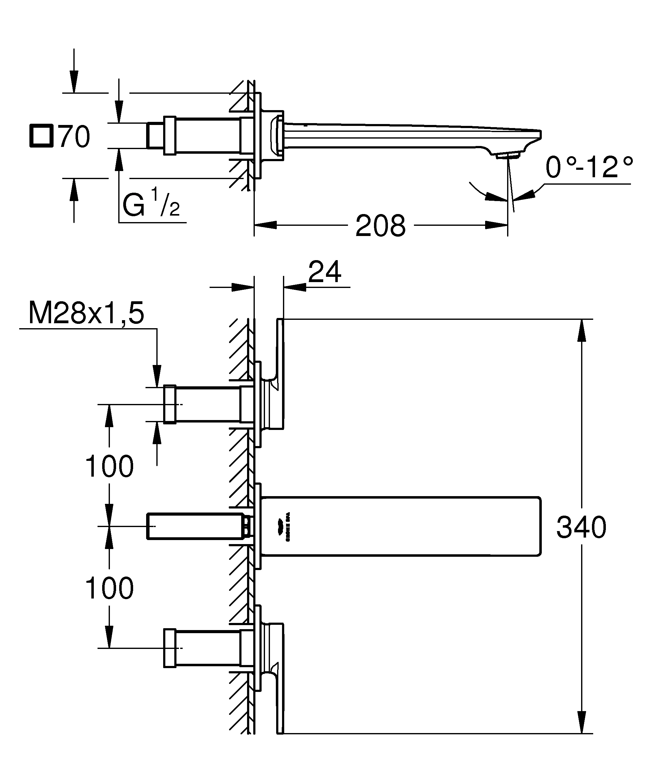 3-Loch-Waschtischbatterie Allure 20193, Wandmontage, Fertigmontageset für 29 025 002, Ausladung 220 mm, chrom