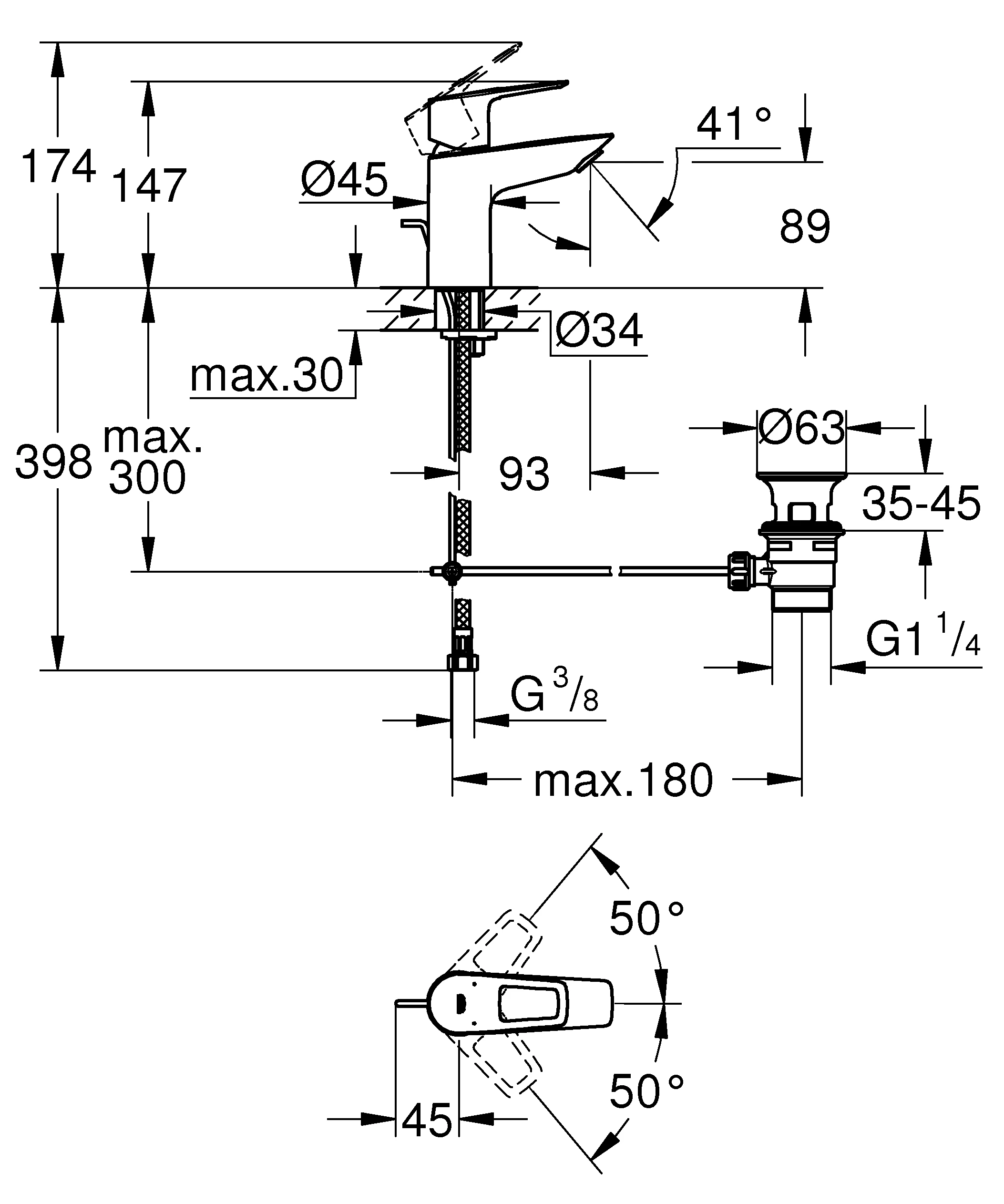 Einhand-Waschtischbatterie BauLoop 23335_1, S-Size, Einlochmontage, mit Temperaturbegrenzer, EcoJoy Mousseur 5,7 l/min, Zugstangen-Ablaufgarnitur aus Kunststoff 1 1/4″, chrom