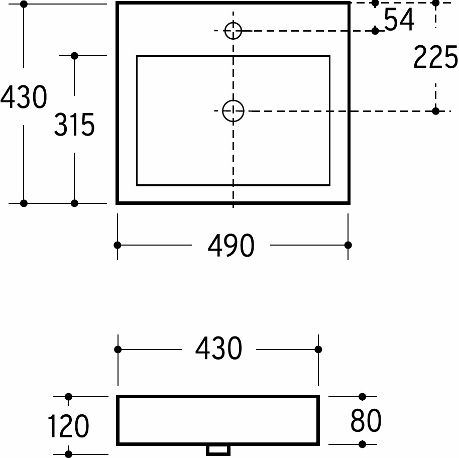 Einbaubecken AqvaCeramica - 490 × 430 × 120 mm - 1 Hahnloch - Überlauf - weiß