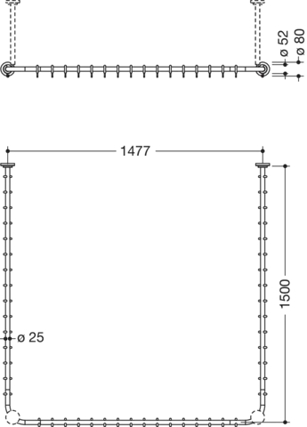 HEWI System 900 Vorhangstange, suizidhemmend, Edelstahl, 1500 x 1475 mm