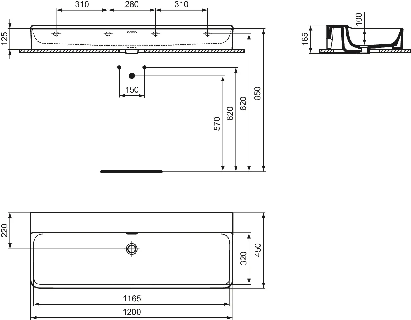 Waschbecken „Conca“ 120 × 45 × 16,5 cm in Weiß Waschbecken „Conca“ 120 × 45 × 16,5 cm in Weiß