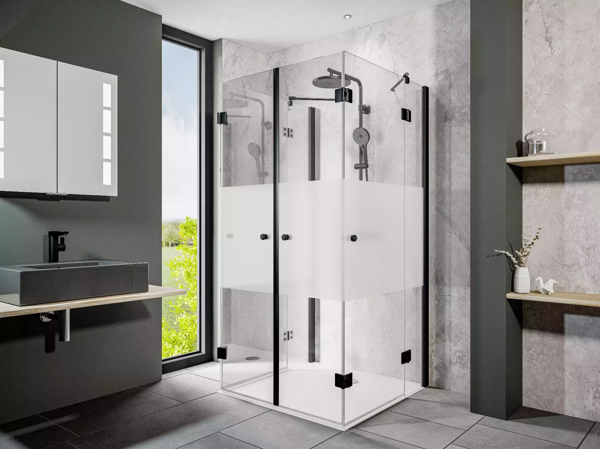HSK teilgerahmt U-Kabine pendelbar „Aperto“ U-Kabine Glas Chinchilla, Profile Schwarz-matt, L: 800 mm B: 800 mm H: 2000 mm HSK teilgerahmt U-Kabine pendelbar „Aperto“ U-Kabine Glas Chinchilla, Profile Schwarz-matt, L: 800 mm B: 800 mm H: 2000 mm
