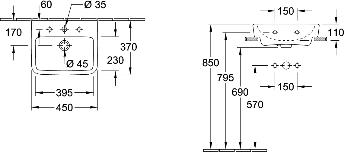 Handwaschbecken O.novo 43444G, 450 x 370 mm, Eckig, Becken mittig, 1HL. mittleres Hahnloch durchgestochen, mit Überlauf, Rückseite und Unterseite geschliffen, Weiß Alpin