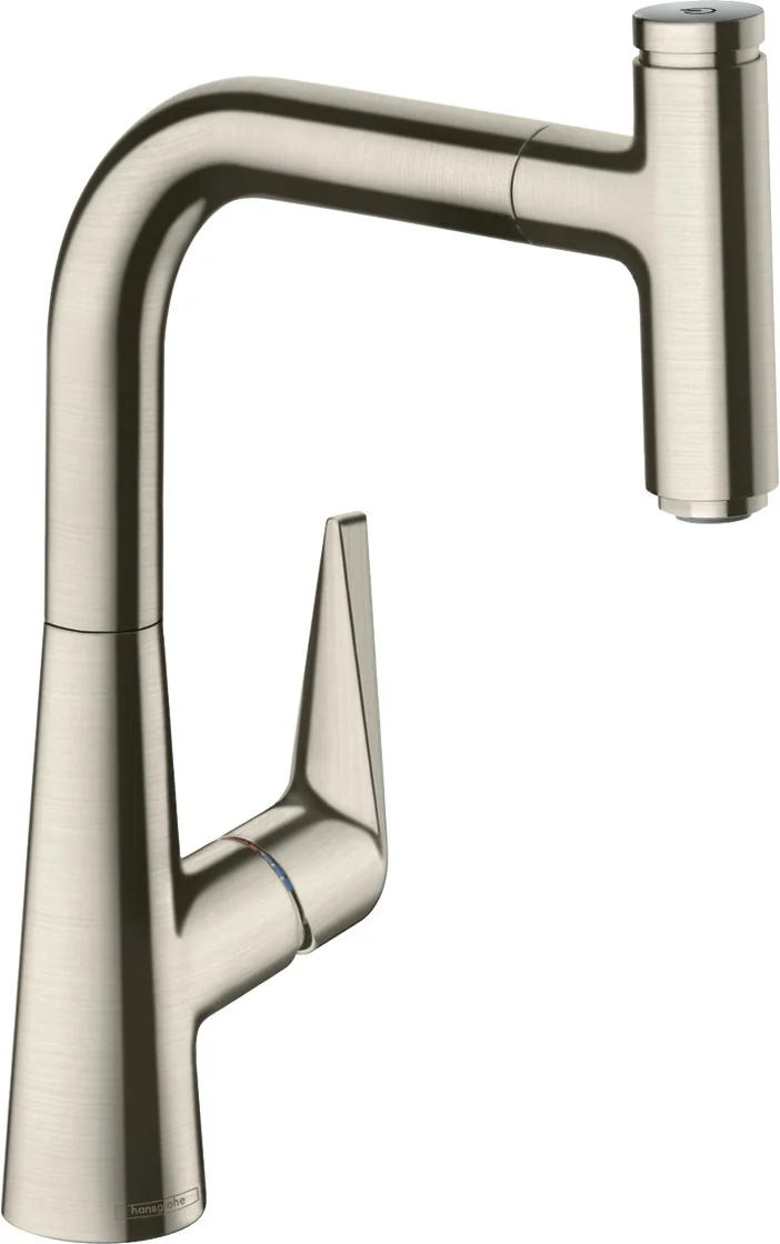 Hansgrohe Talis Select M51 Einhebel-Küchenmischer 220 mit Ausziehauslauf, Edelstahl-Optik, Schwenkbereich 110° oder 150°, Normalstrahl, Select-Knopf, MagFit-Brausehalterung, max. Durchfluss 8 l/min, Keramikmischsystem, Temperaturbegrenzung, Rückflussverh