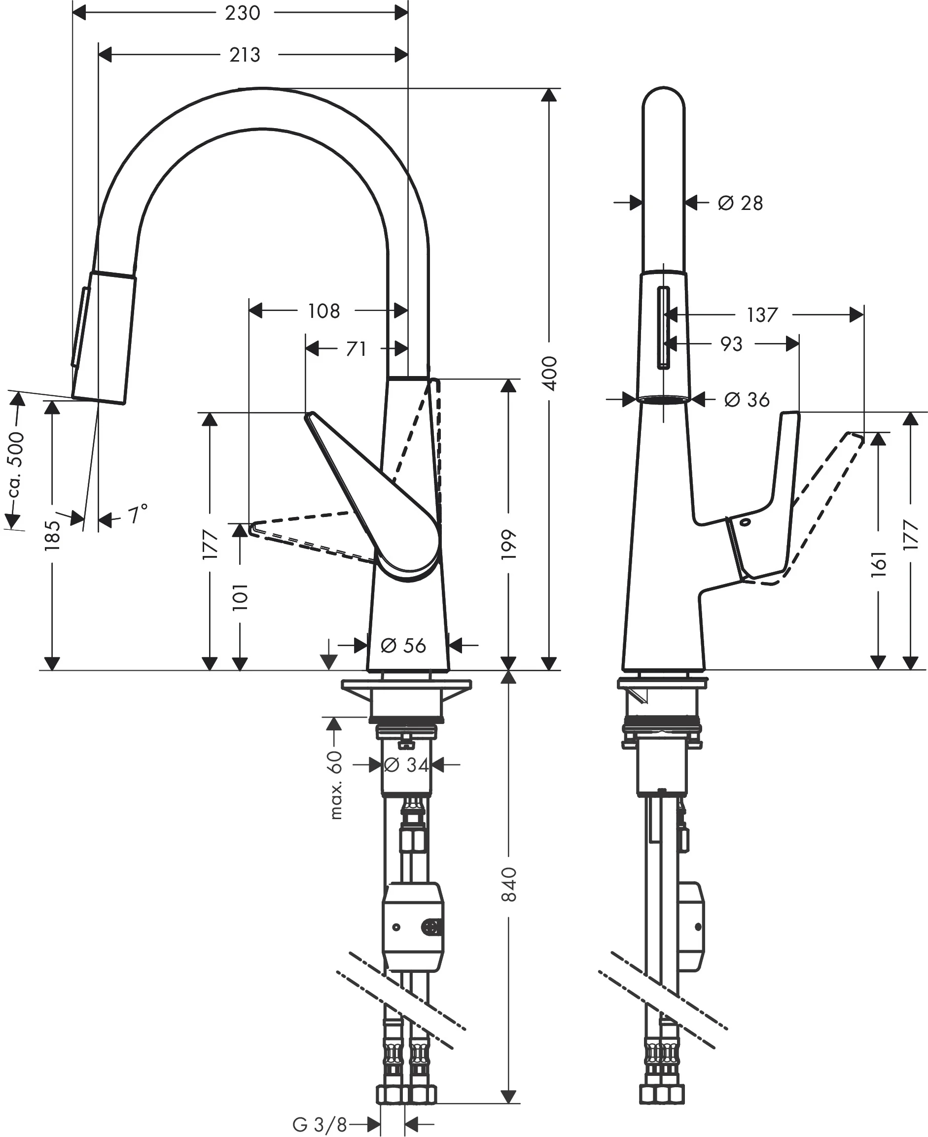 Hansgrohe Talis M51 Einhebel-Küchenmischer mit Ausziehbrause 2jet in Chrom, ComfortZone 200, Schwenkbereich einstellbar auf 110° oder 150°, Laminarstrahl und Brausestrahl arretierbar, MagFit magnetische Brausehalterung, Quick-Connect Schlauch, max. Durch