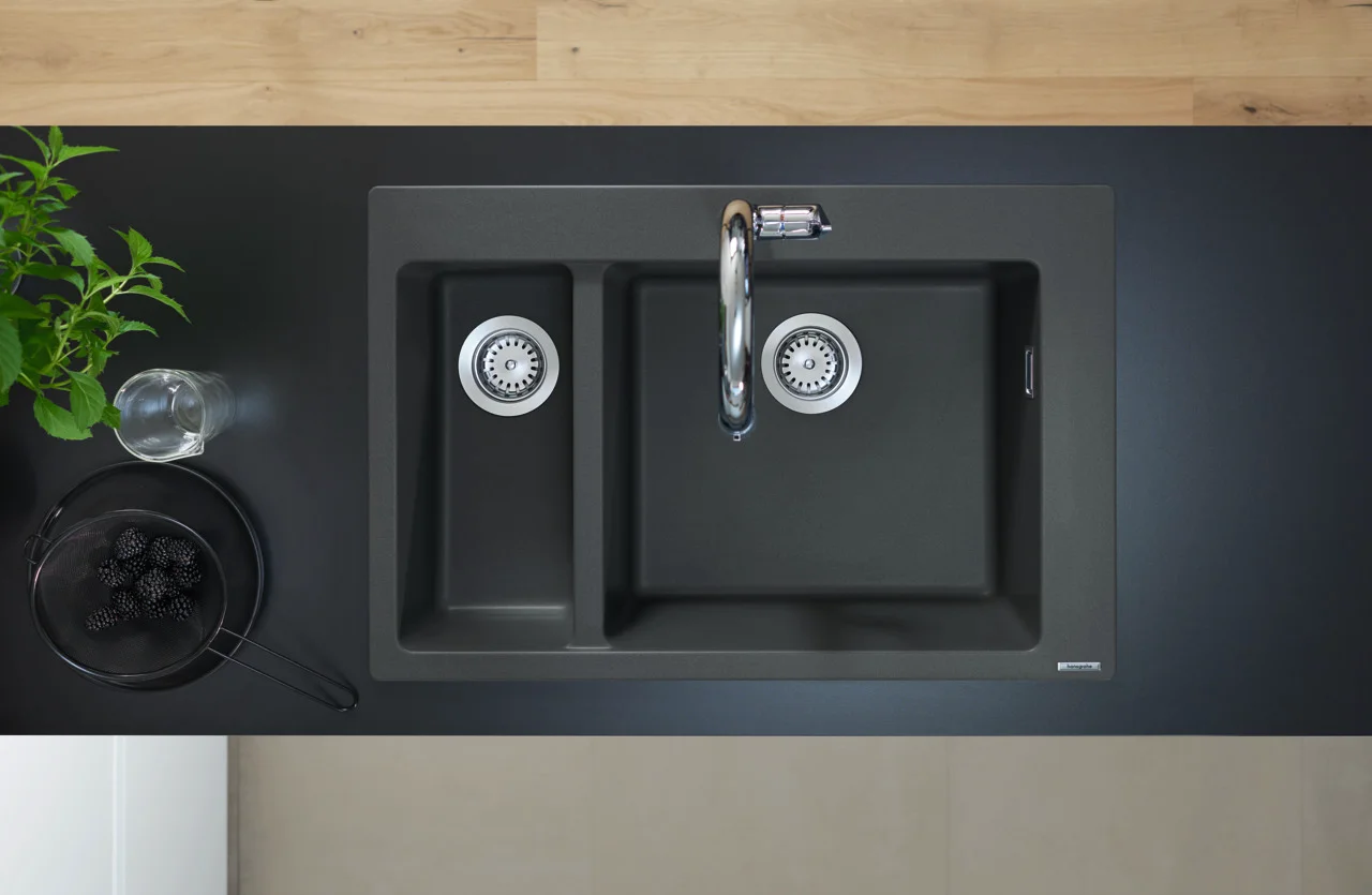 Hansgrohe Einbauspüle S51 Serie, Steingrau, 750 x 490 mm Ausschnitt, 80 cm Unterschrank, Aufbau, 1 Hauptbecken + 1 Zusatzbecken