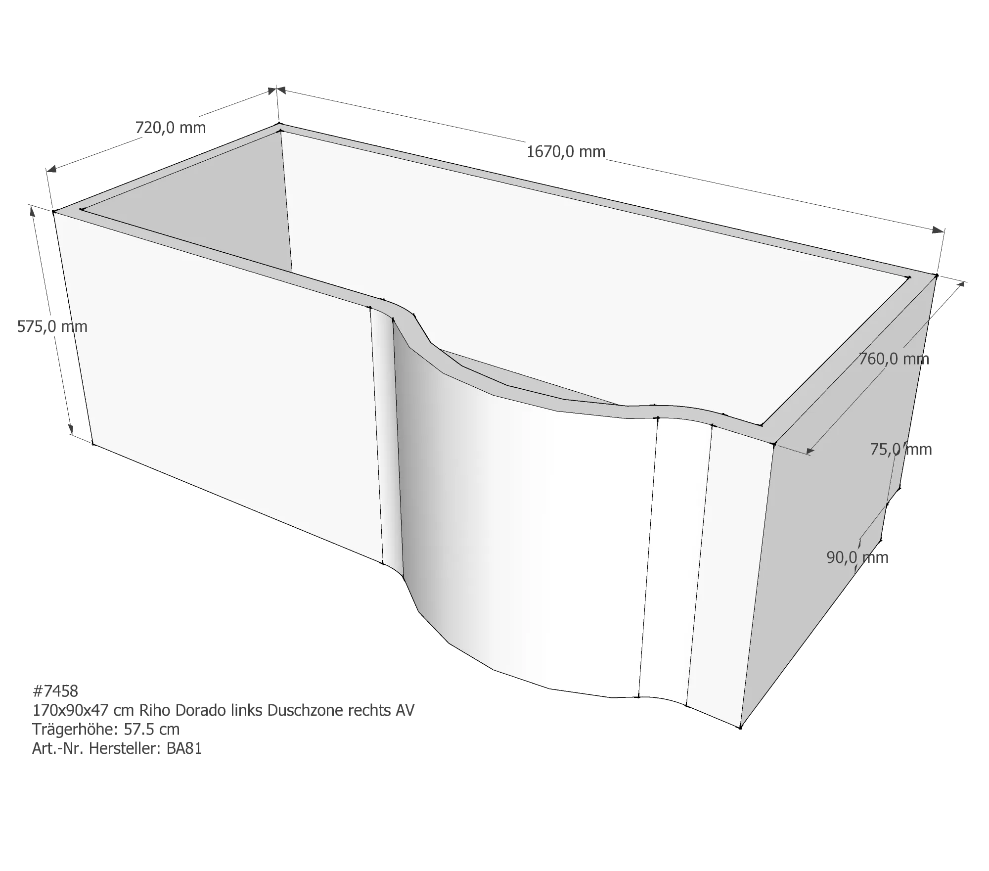 Badewannenträger für Riho Dorado links links 170 × 90 × 47 cm