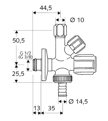 Kombi-Eckventil COMFORT, RFV im Abgang Geräteanschluss, DN 15 G 1/2 AG, Schlauchverschraubung Ø 14,5 mm (DN 20 G 3/4 AG), Ø 10 mm (DN 10 G 3/8 AG), chrom