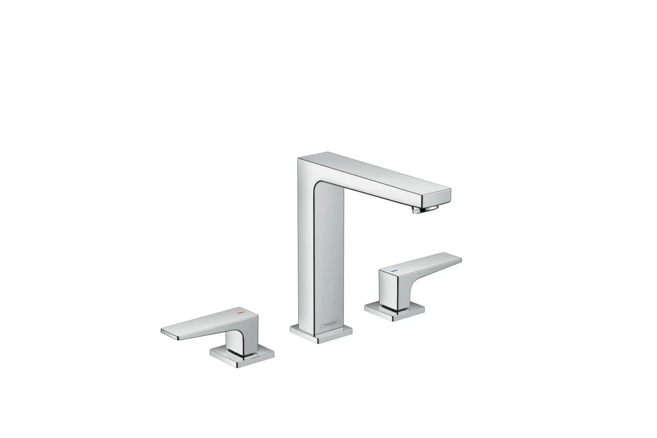 Hansgrohe Metropol 3-Loch Waschtischarmatur in Chrom, Ausladung 152 mm, Auslaufhöhe 159 mm, Hebelgriff, Push-Open Ablaufgarnitur G 1 1/4, max. Durchflussmenge 5 l/min bei 3 bar