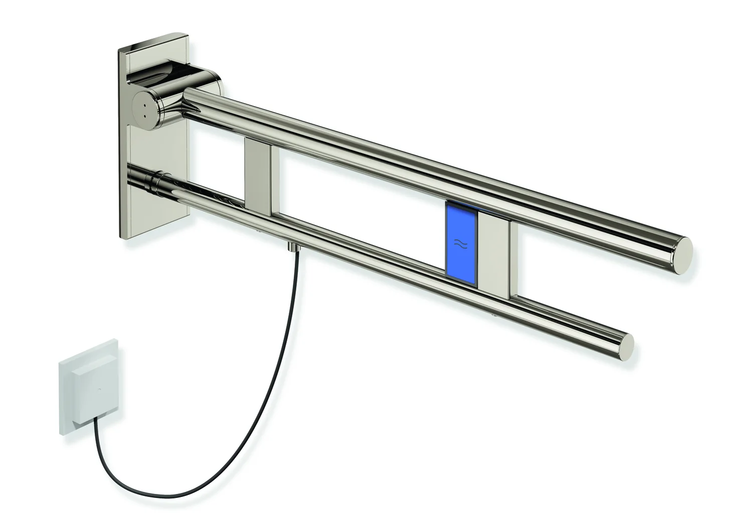 HEWI Stützklappgriff Duo System 900, Design A, Edelstahl PVD nickelglänzend, Ausladung 700 mm, Spülauslösung links HEWI Stützklappgriff Duo System 900, Design A, Edelstahl PVD nickelglänzend, Ausladung 700 mm, Spülauslösung links