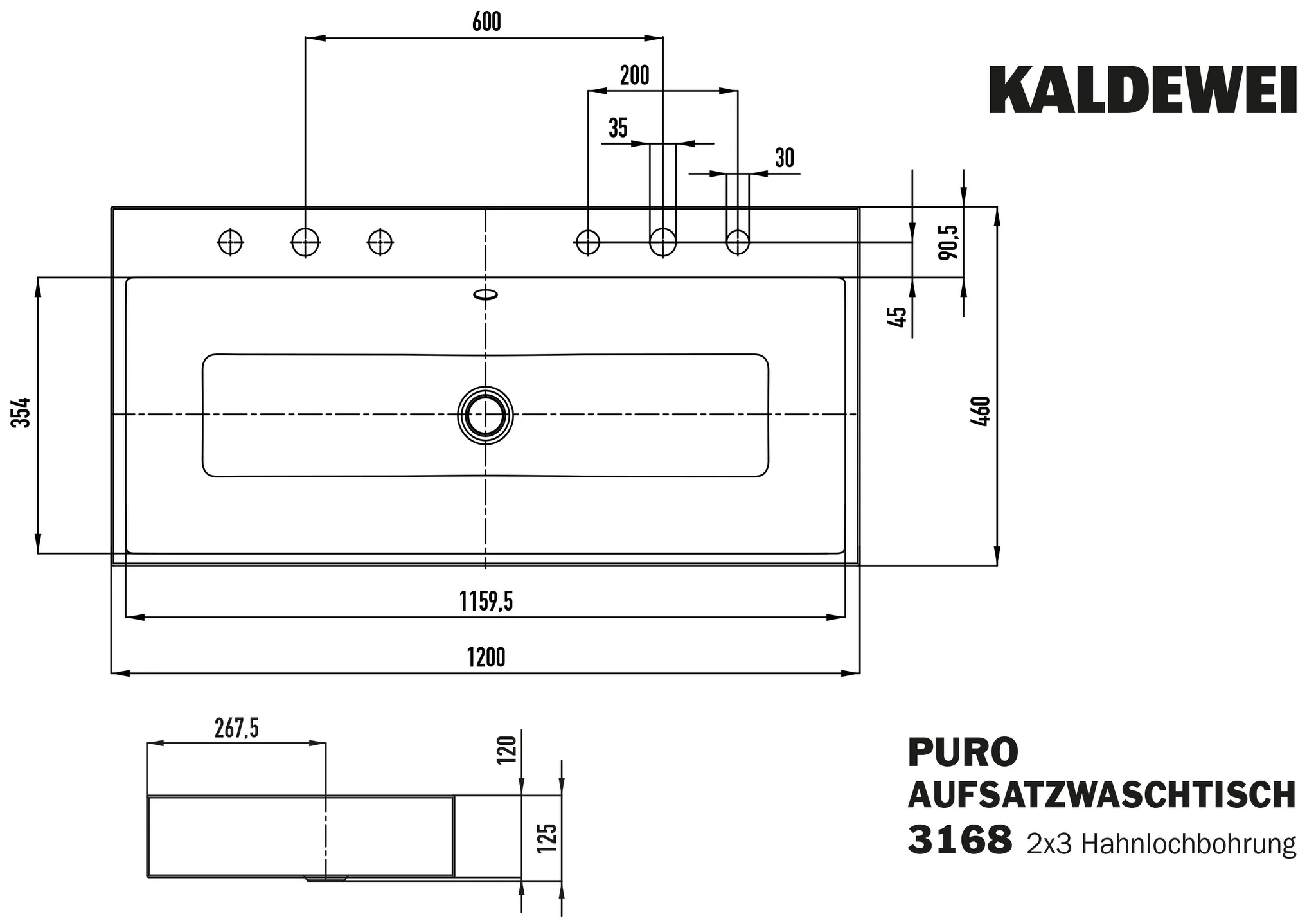 Kaldewei PURO Aufsatz-Doppelwaschtisch, alpinweiß, 1200x460 mm, Randhöhe 120 mm, mit 2x3er Hahnlochbohrung und Überlauf