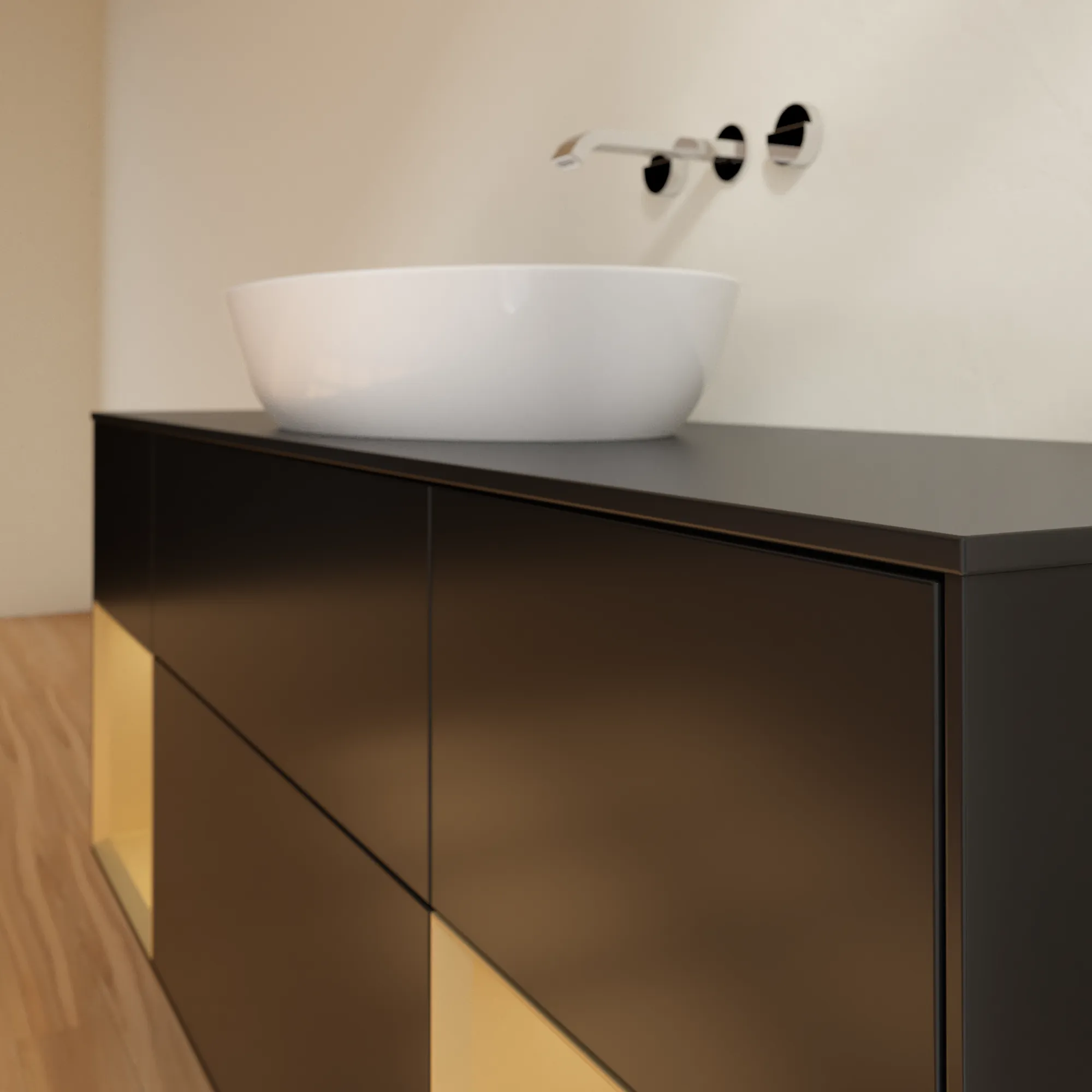 Villeroy & Boch Waschtischunterschrank „Finion“ für Schrankwaschtisch 1600 × 603 × 501 mm Black Matt Lacquer, für Becken mittig, ohne Hahnlochbohrung
