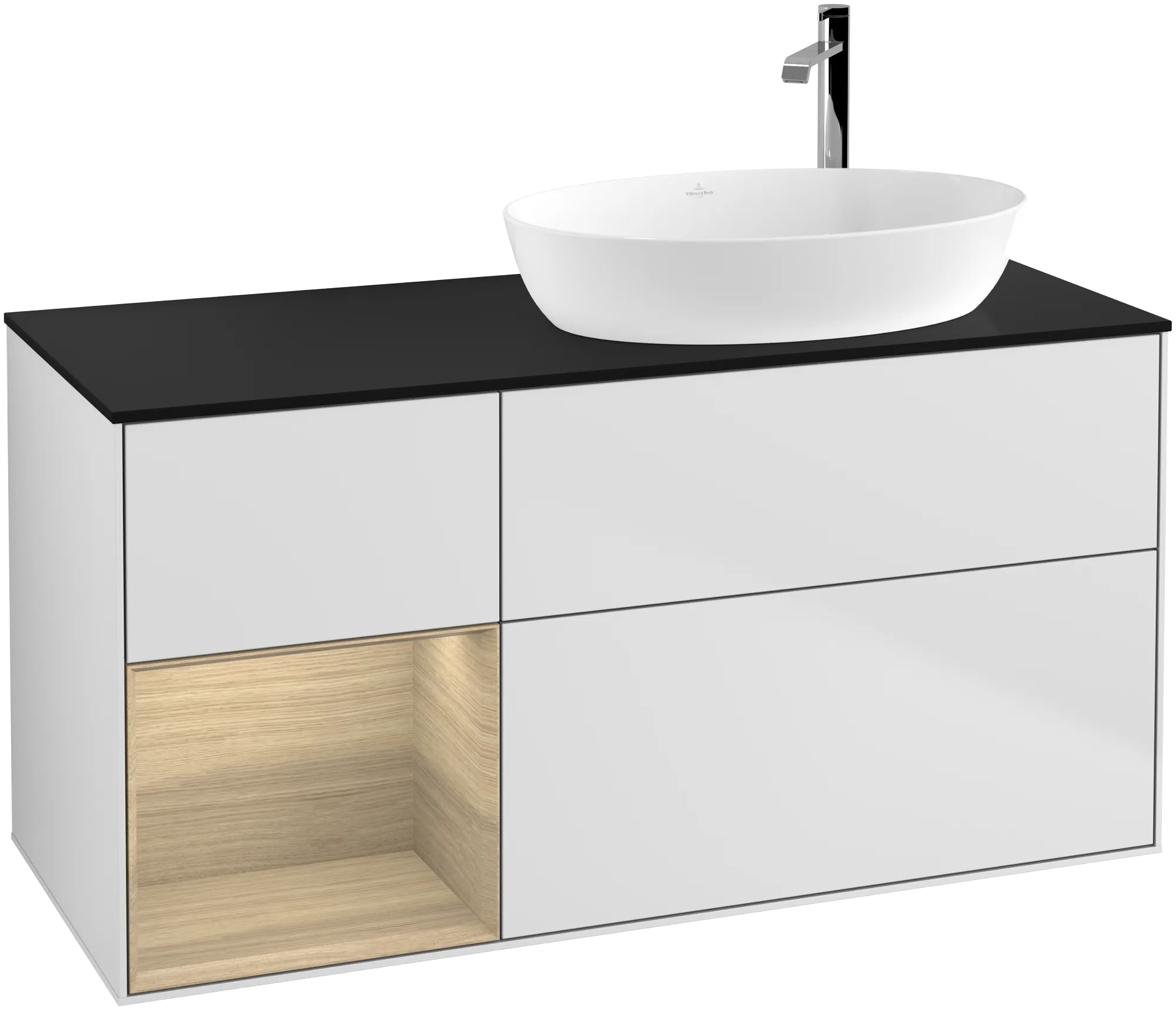 Villeroy & Boch Finion Waschbeckenunterschrank F92, 1200x603x501mm, White Matt Lacquer / Oak Veneer / Glass Black Matt