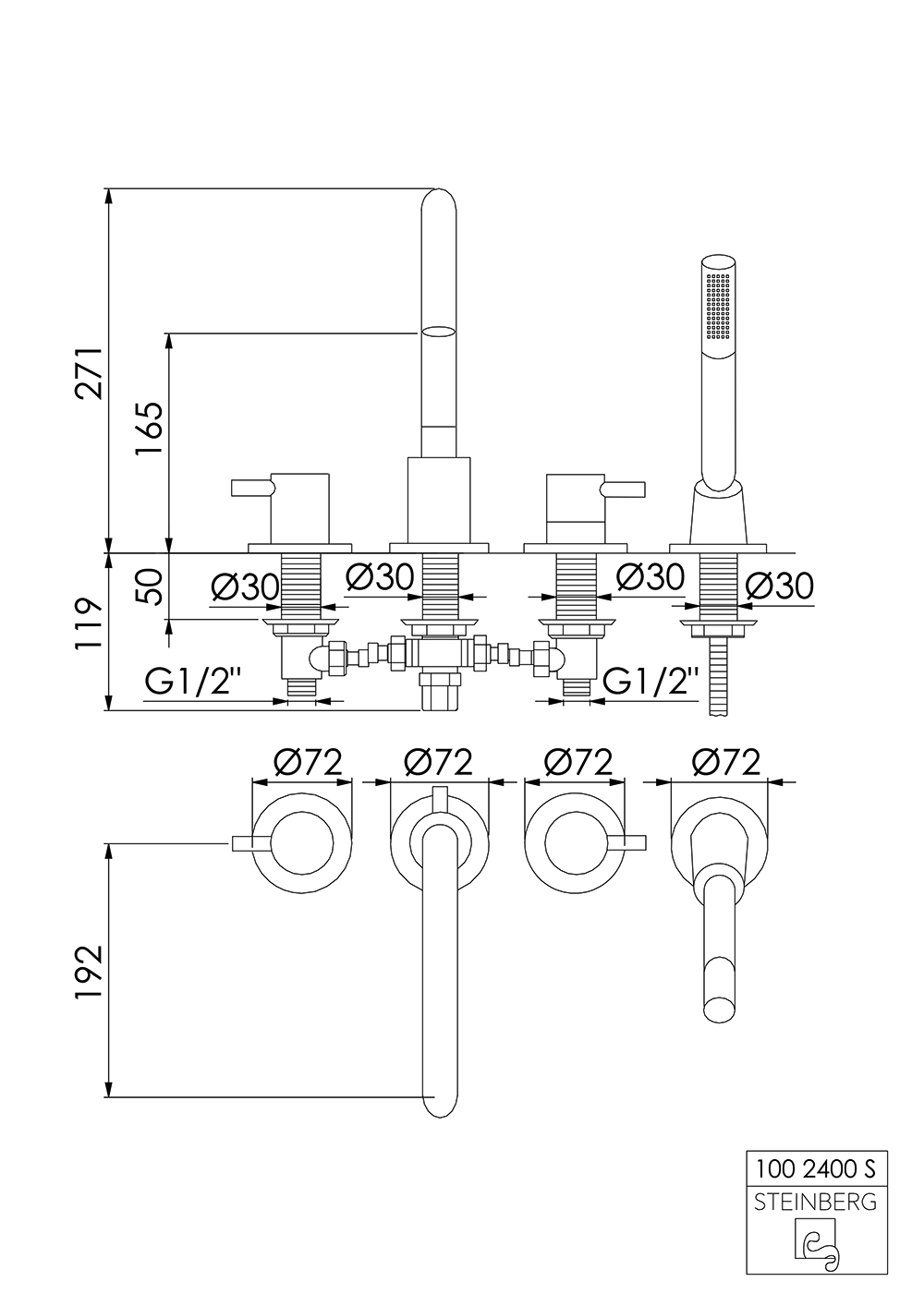Serie 100 4-Loch Wanne/Brause-Standarmatur mit Ausladung 19,2 cm chrom Serie 100 4-Loch Wanne/Brause-Standarmatur mit Ausladung 19,2 cm chrom