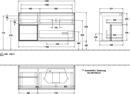 Villeroy & Boch Waschtischunterschrank „Finion“ für Schrankwaschtisch 120 × 60,3 × 50,1 cm 3 Schubladen, für Waschtischposition rechts, inkl. Beleuchtung rechts