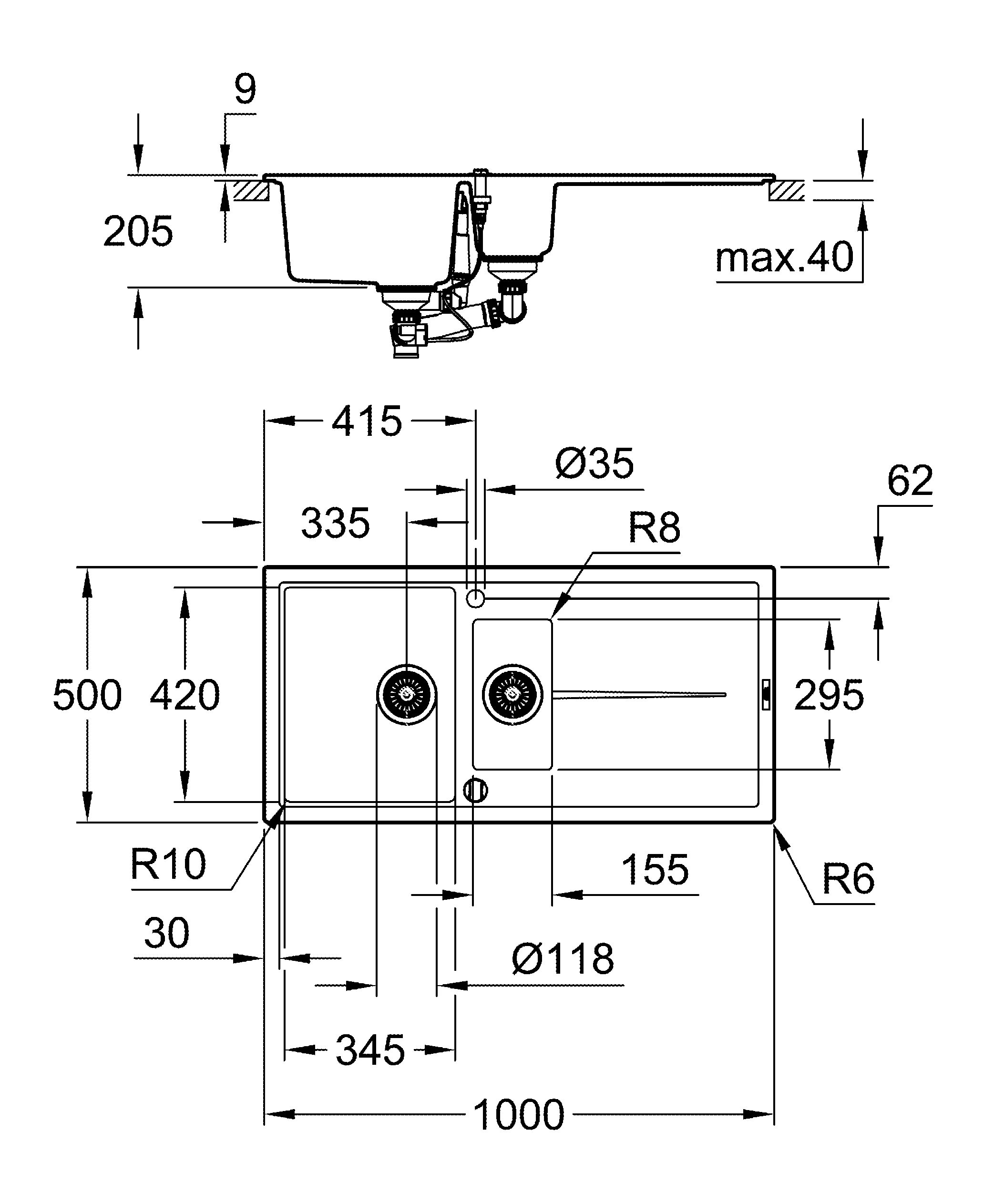 Kompositspüle K400 31642, mit Abtropffläche, Modell: K400 60-C 100/50 1.5 rev, Montageart: Standard-Einbauspüle, Maße: 1000 x 500 mm, 1 Becken: 335 x 420 x 205 mm, 0,5 Becken: 155 x 295 x 146 mm, granit schwarz