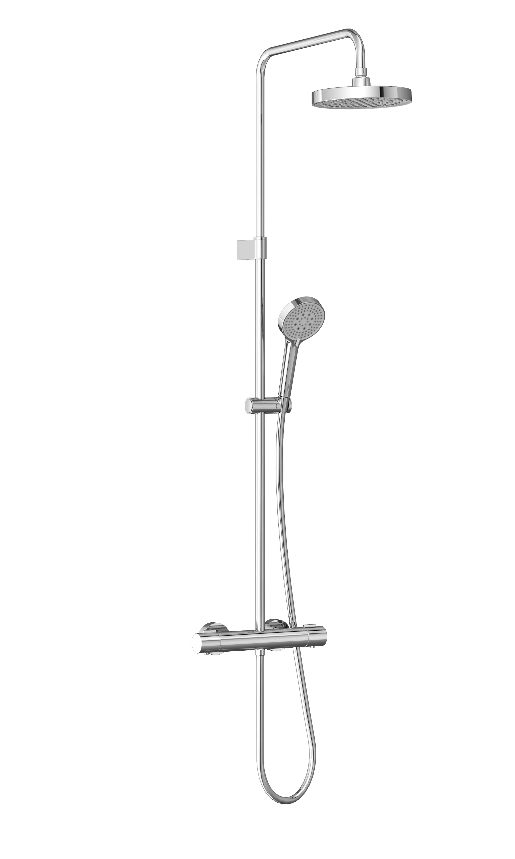 VitrA Base Round Thermostat-Duschsystem Chrom, Wandmontage, Thermostatarmatur mit Sicherheitsstopptaste bei 38°C, Kopfbrause höhenverstellbar 380 mm, Handbrause mit 3 Strahlarten und flexiblen Brauseschlauch 1500 mm, Anti-Kalk Funktion Easy Clean VitrA Base Round Thermostat-Duschsystem Chrom, Wandmontage, Thermostatarmatur mit Sicherheitsstopptaste bei 38°C, Kopfbrause höhenverstellbar 380 mm, Handbrause mit 3 Strahlarten und flexiblen Brauseschlauch 1500 mm, Anti-Kalk Funktion Easy Clean