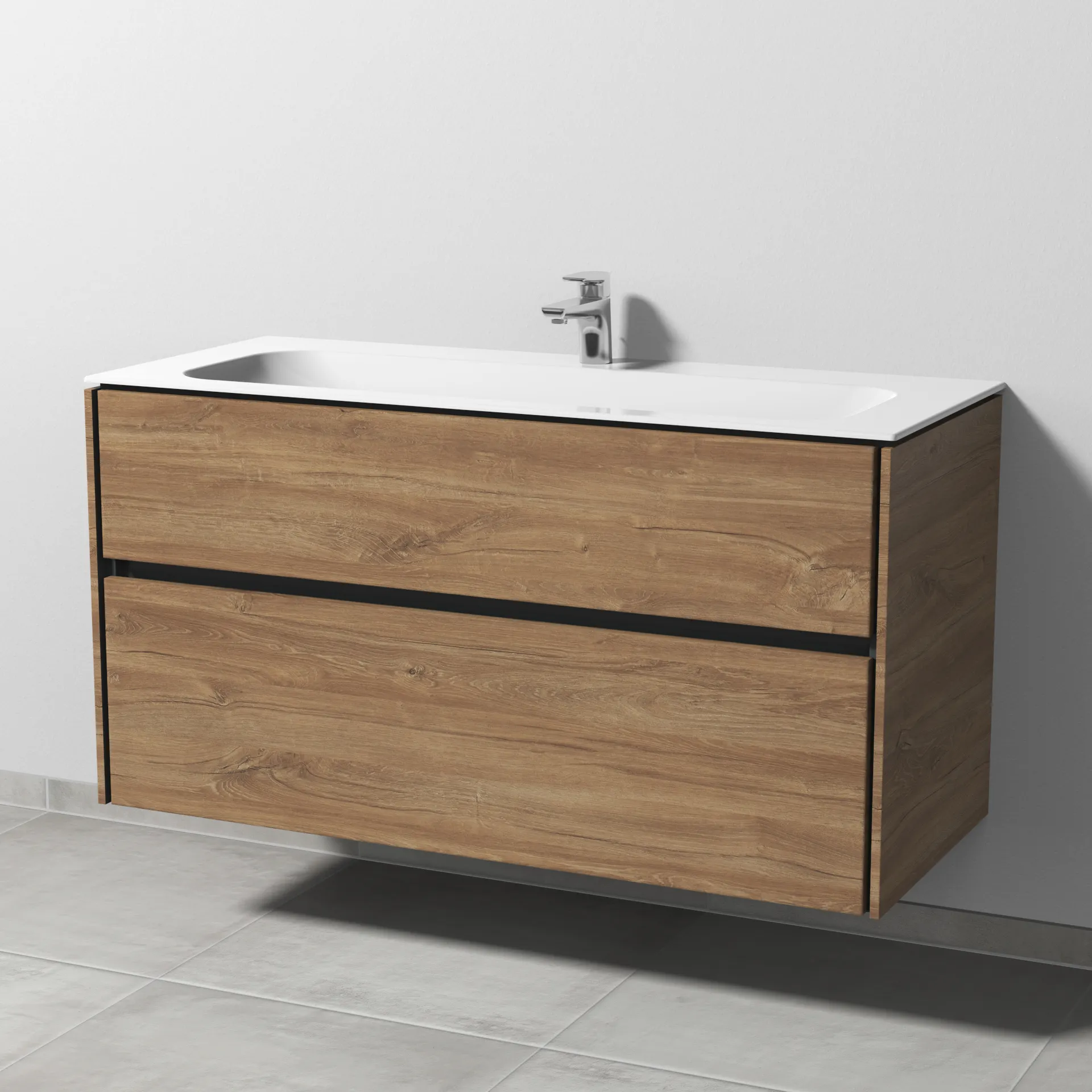 Keramik-Waschtisch-Set mit Waschtischunterschrank „Twiga“ 119 × 50 × 61 cm in Eiche Kansas, mit Hahnlochbohrung, ohne Beleuchtung Keramik-Waschtisch-Set mit Waschtischunterschrank „Twiga“ 119 × 50 × 61 cm in Eiche Kansas, mit Hahnlochbohrung, ohne Beleuchtung