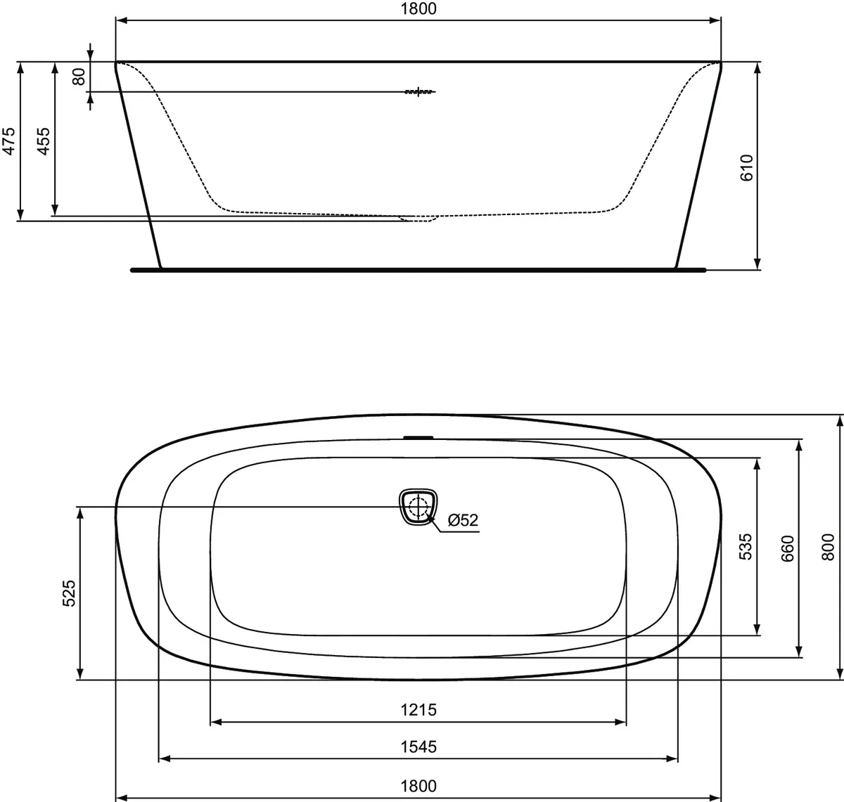 Ideal Standard Badewanne „Dea“ 80 × 180 cm in Schwarz Matt