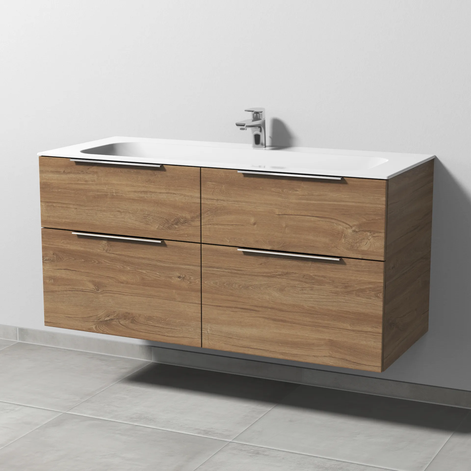 Keramik-Waschtisch-Set mit Waschtischunterschrank „3way“ 119 × 49,7 × 58,2 cm in Eiche Kansas, mit Hahnlochbohrung, Becken mittig Keramik-Waschtisch-Set mit Waschtischunterschrank „3way“ 119 × 49,7 × 58,2 cm in Eiche Kansas, mit Hahnlochbohrung, Becken mittig