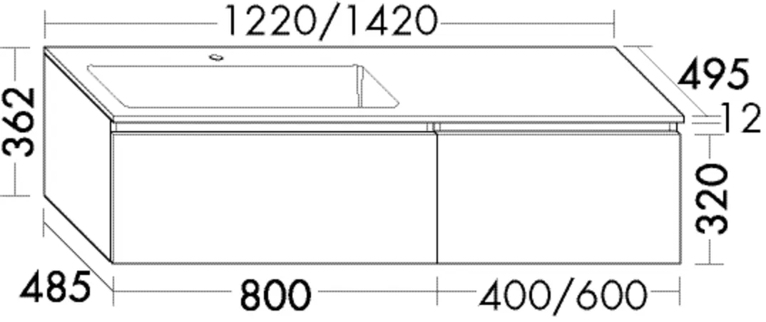 Mineralguss-Waschtisch inkl. Waschtischunterschrank, Mineralguss-Waschtisch;Beckenmaß 685x295 mm;Muldentiefe: 100 mm;Waschtischunterschrank;1 Auszug, 350 mm tief, mit Siphonausschnitt und Inneneinteilung;1 Auszug, 350 mm tief;inkl. cleanFlow, Tiefe: 495