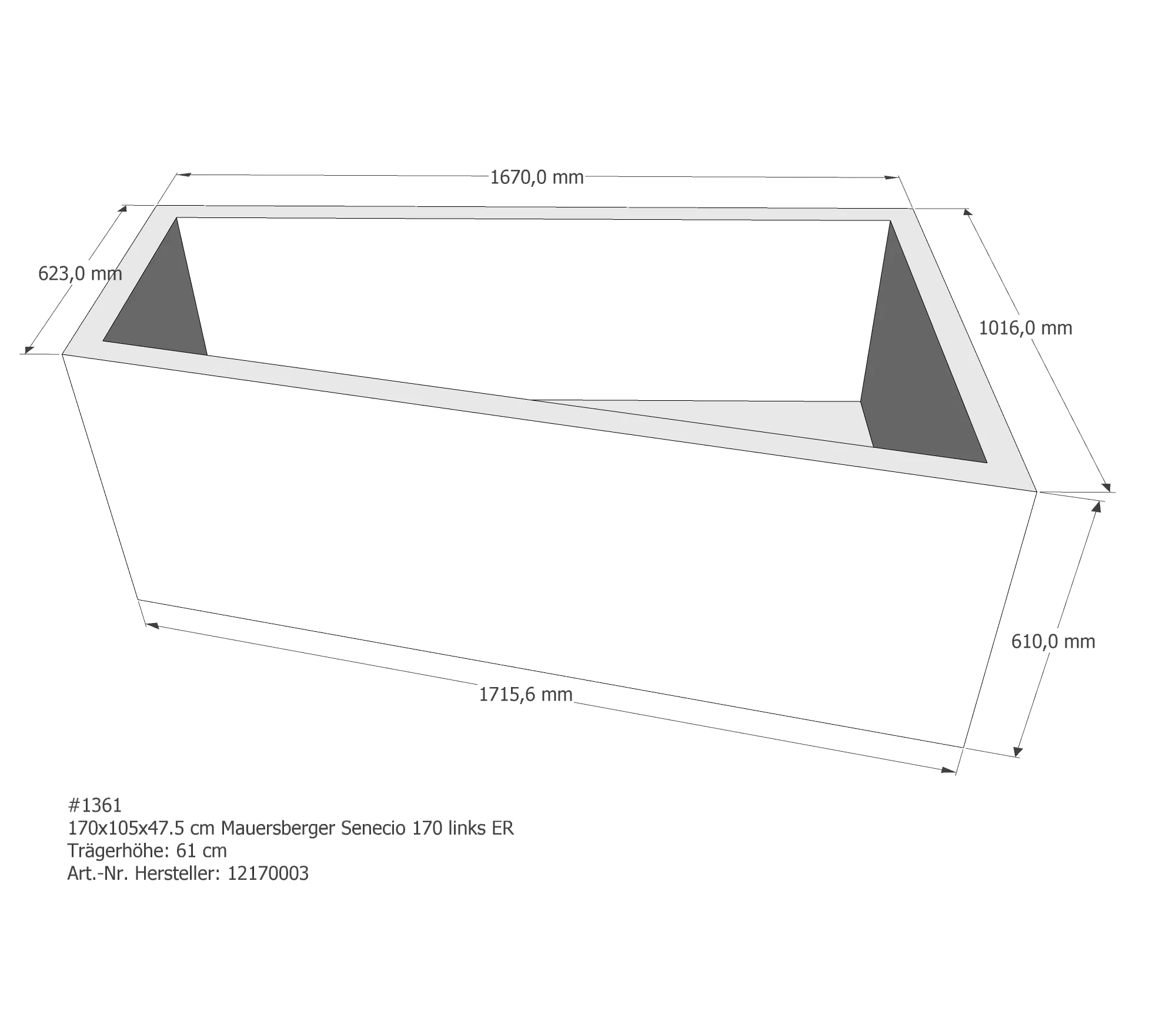 Badewannenträger für Mauersberger Senecio 170 links links 170 × 105 × 47,5 cm