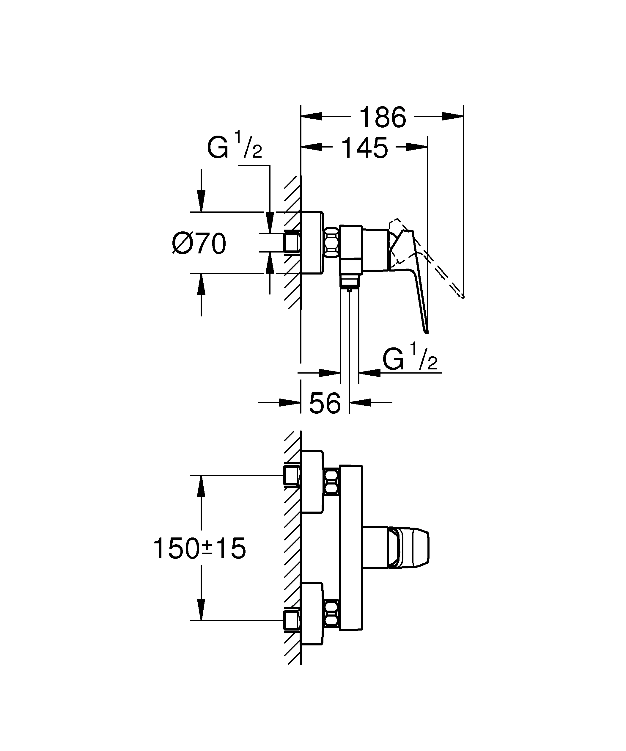 Einhand-Brausebatterie Cubeo 101824, Wandmontage, S-Anschlüsse, Wandrosette, eigensicher, chrom