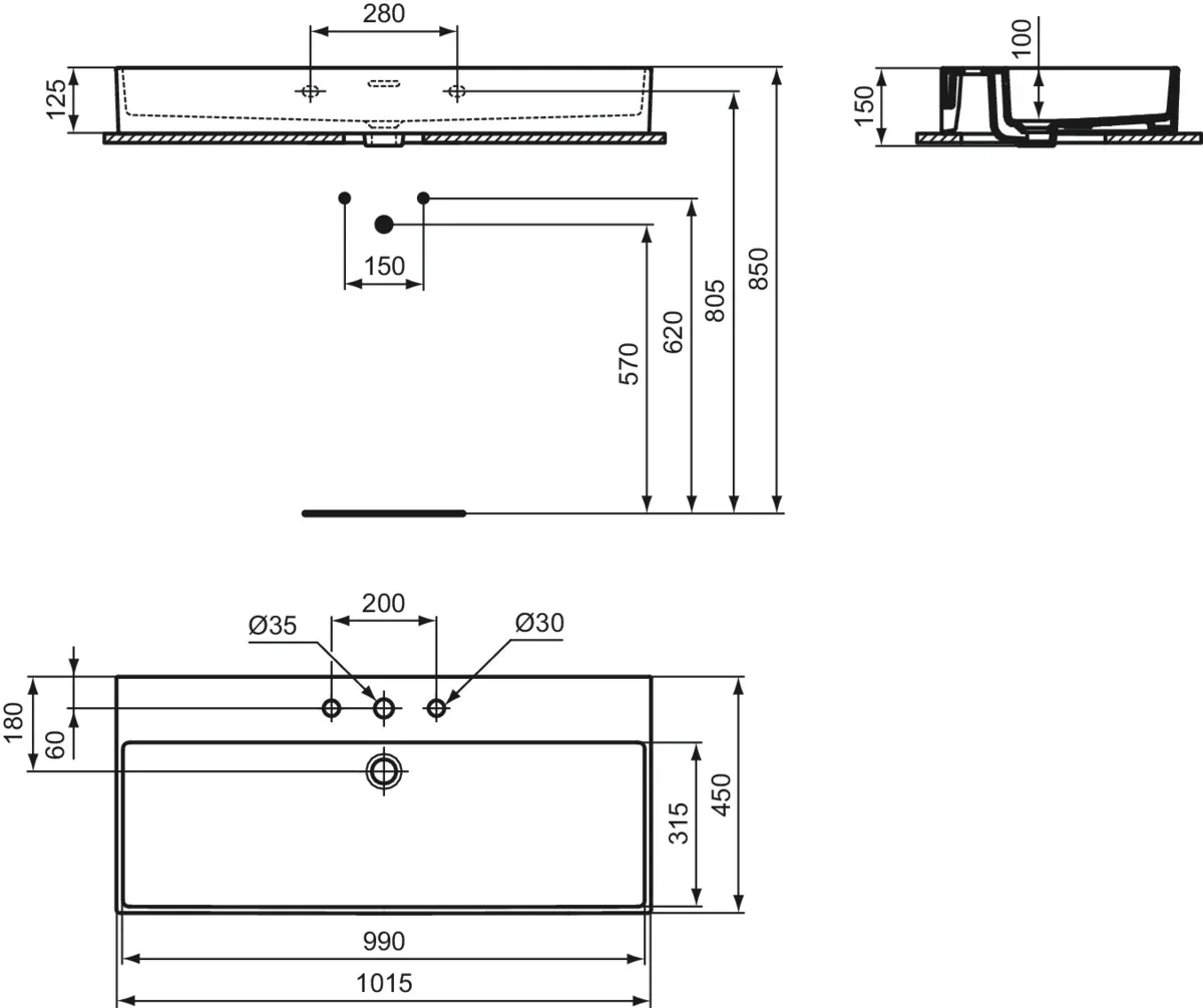 Waschbecken „Extra“ 101,5 × 45 × 15 cm, Hahnlochposition mittig in Weiß Waschbecken „Extra“ 101,5 × 45 × 15 cm, Hahnlochposition mittig in Weiß