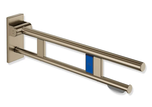 HEWI Stützklappgriff Duo System 900, Design A, Edelstahl PVD bronze gebürstet, Ausladung 700 mm, mit WC-Papierhalter und Funk-Spülauslösung, links