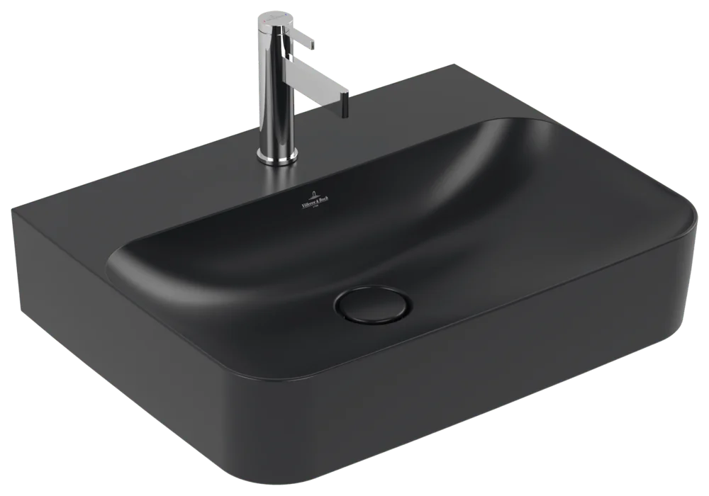 Villeroy & Boch Finion Wandwaschbecken Pure Black CeramicPlus 600x470x164 mm, matt, TitanCeram, 3-Loch Armatur, Wandmontage
