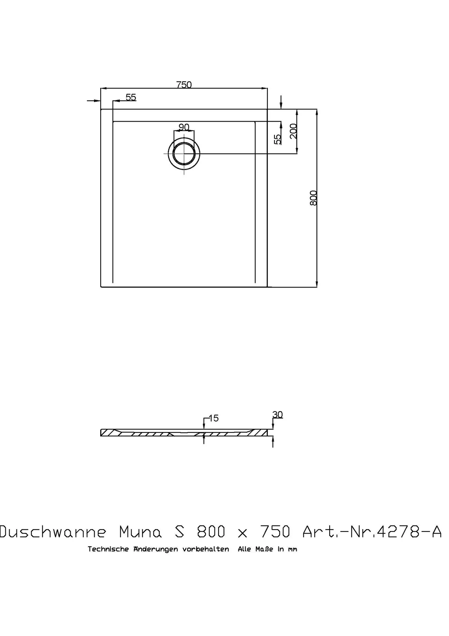 Duschwanne „Muna S“ Rechteck 80 × 75 cm in Weiß Matt