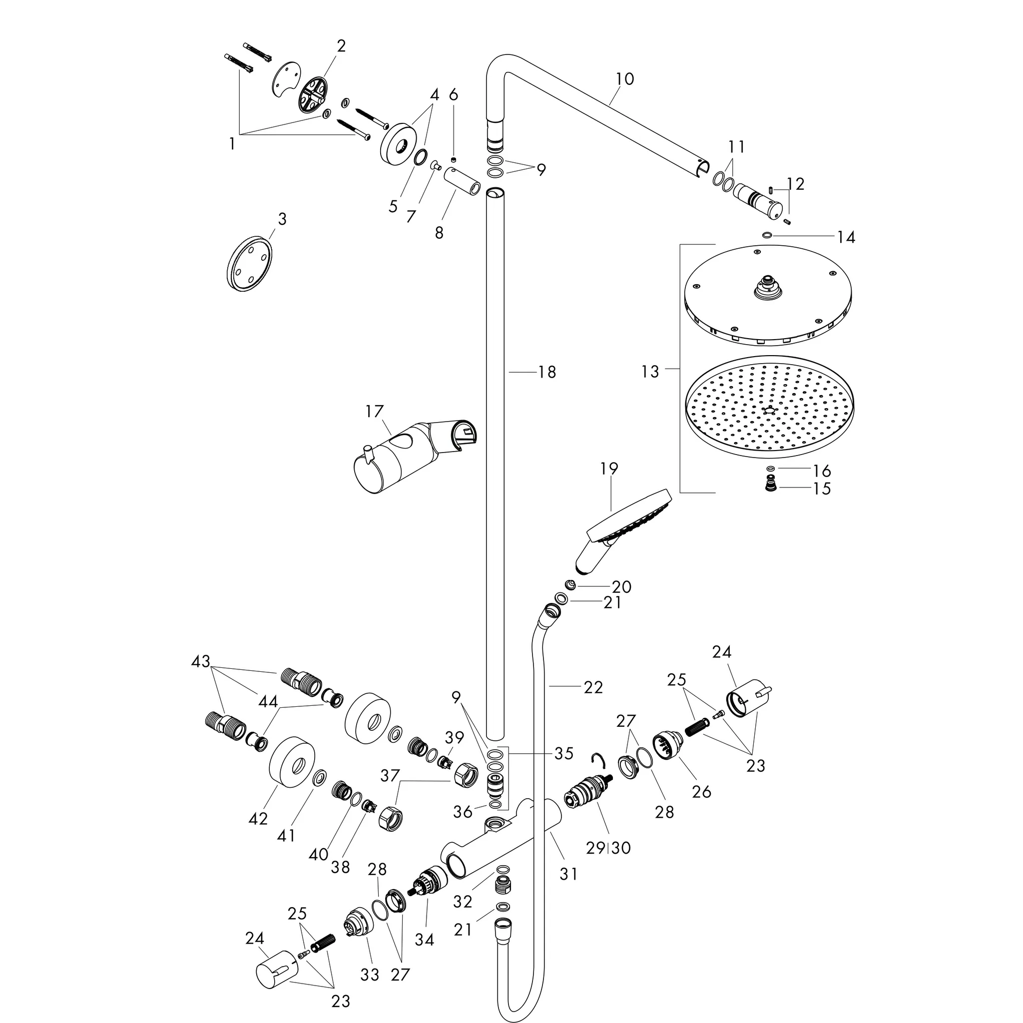 Hansgrohe Raindance Select S Showerpipe 240, PowderRain, 16 l/min, Thermostat Ecostat Comfort, Aufputzinstallation, DN15, G 1/2