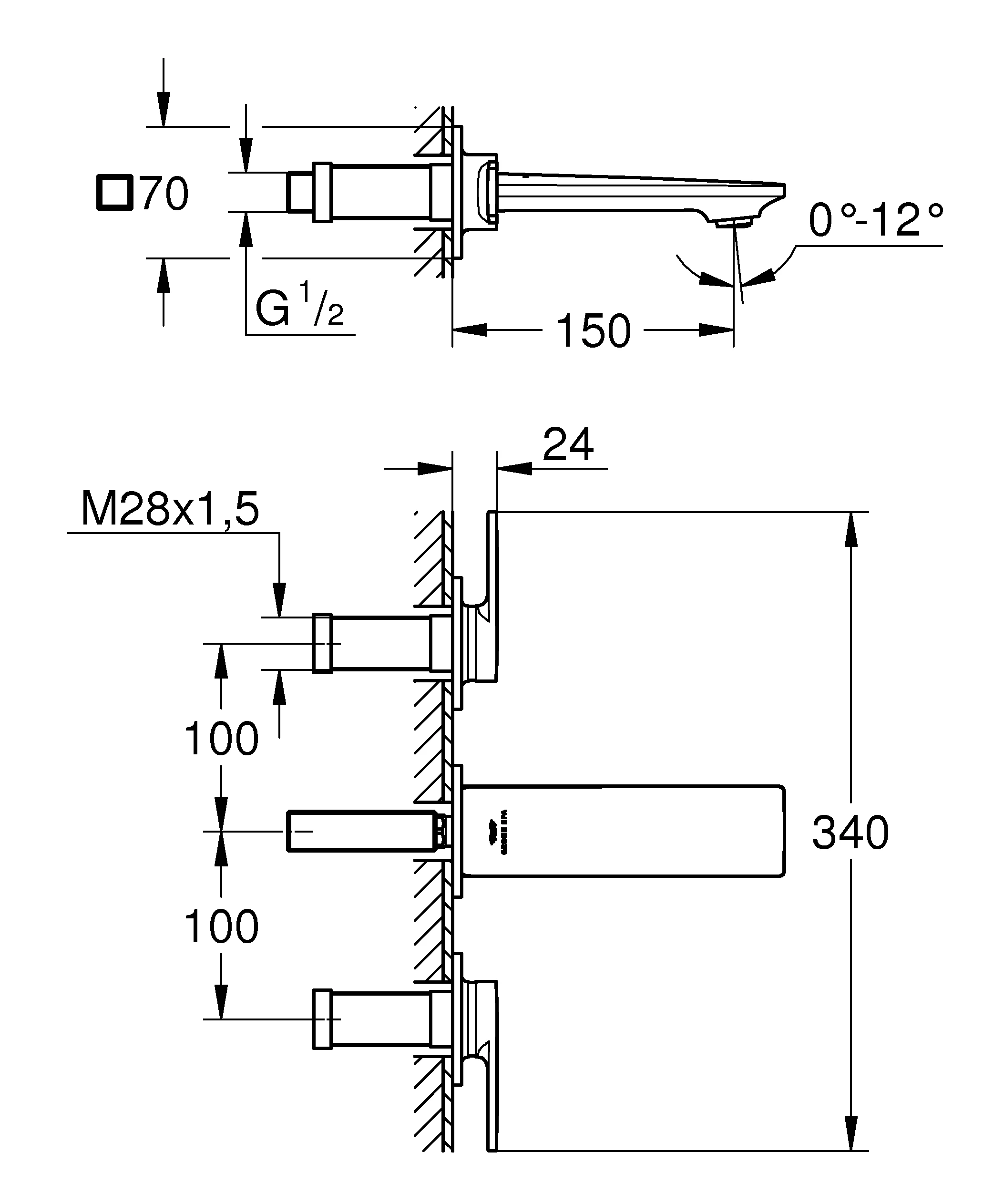 3-Loch-Waschtischbatterie Allure 20189, Wandmontage, Fertigmontageset für 29 025 002, Ausladung 172 mm, chrom