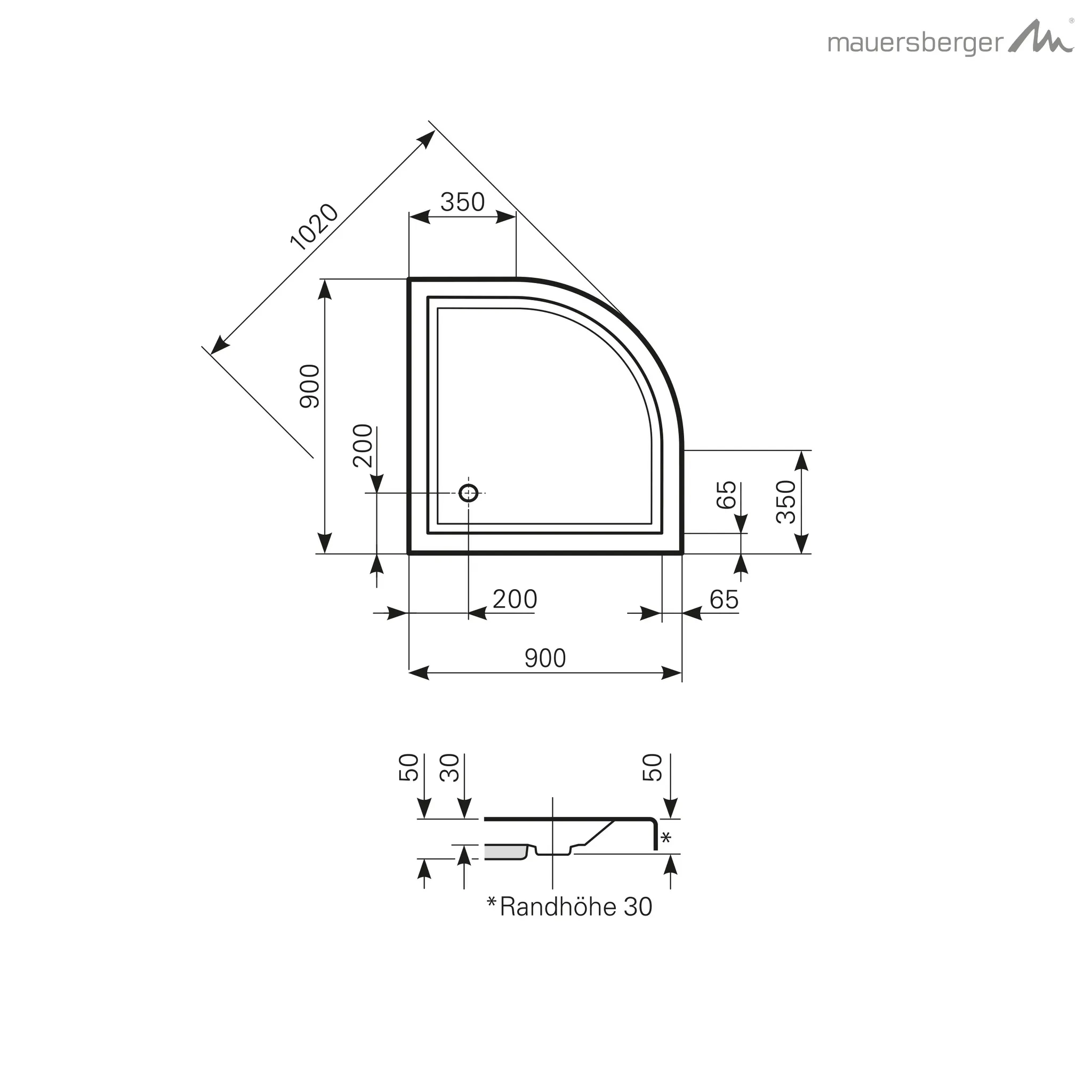 Mauersberger Acryl-Duschwanne aphylla 90 SF R:55, 900x900x50, weiß